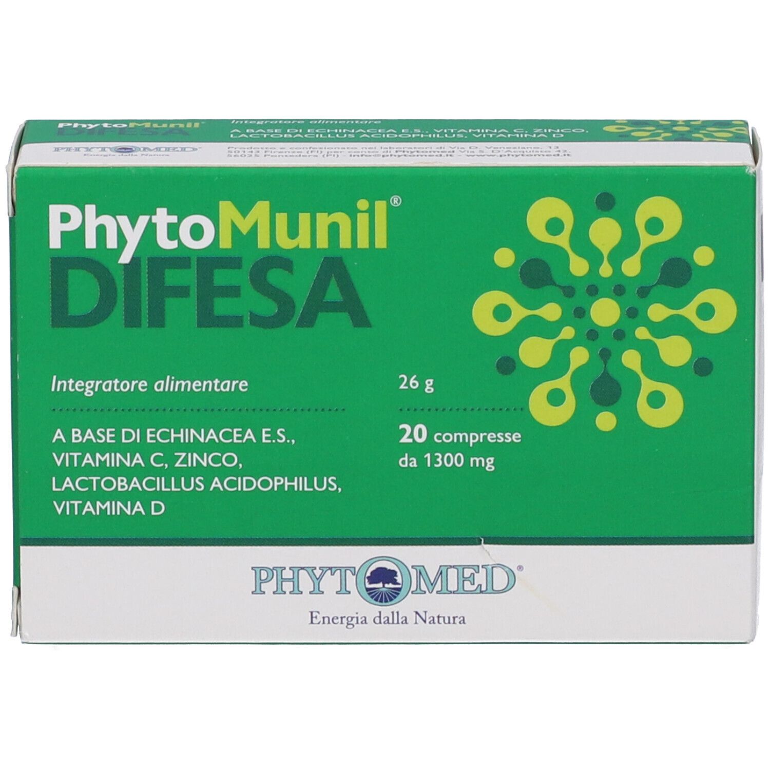 Scatola verde "PhytoMunil Difesa". 20 compresse, 26g.