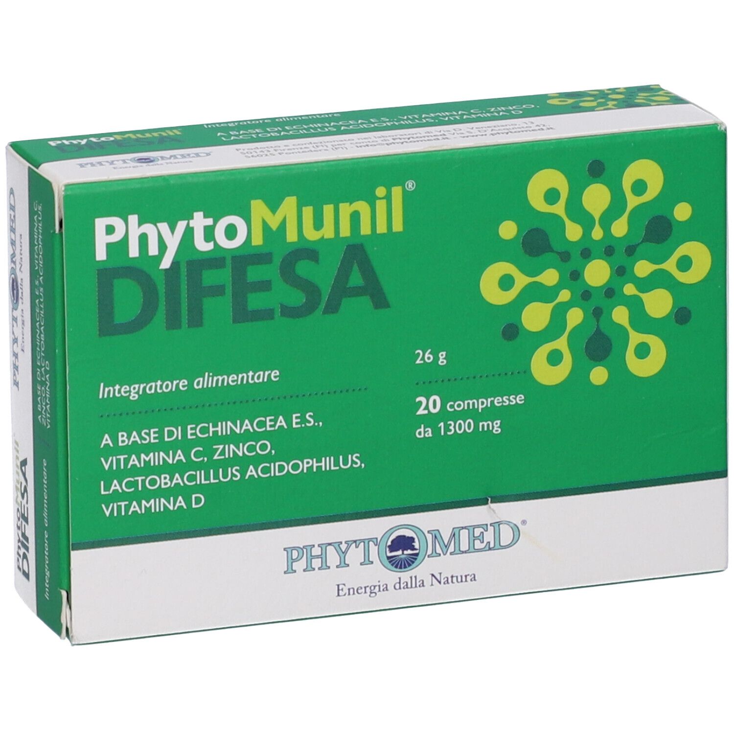 Scatola verde "PhytoMunil Difesa". 20 compresse, 26g.