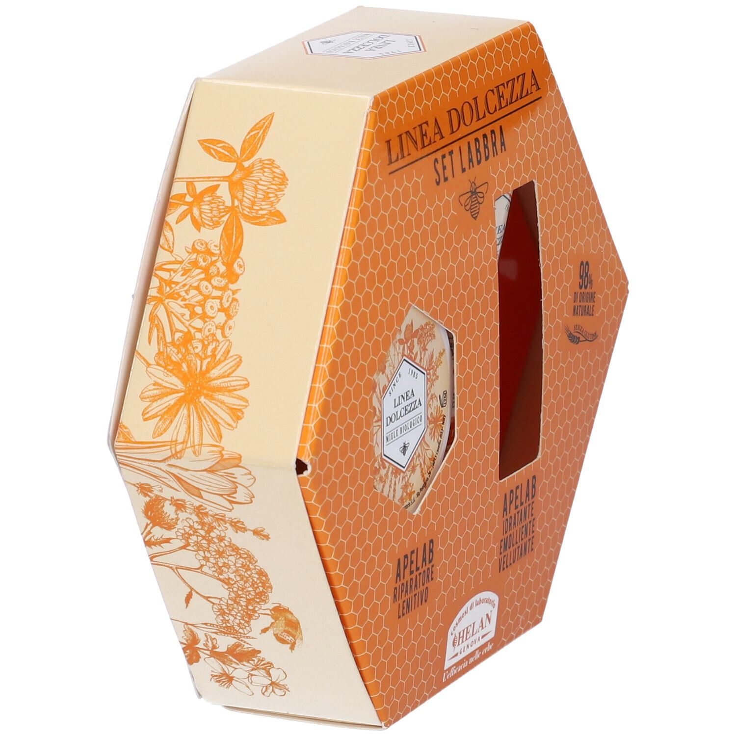 Confezione esagonale con due prodotti. Scritta: Linea Dolcezza Set Labbra. Marchio: Apelab. Motivo a nido d'ape e illustrazioni floreali.
