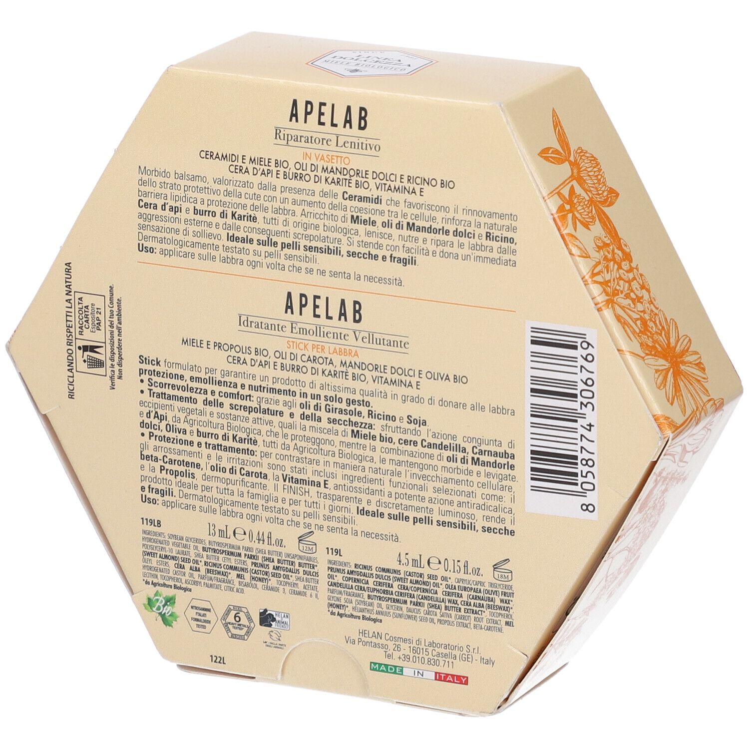Retro della confezione esagonale. Testo: ingredienti, istruzioni per l'uso. Marchio: Apelab. Motivo a nido d'ape e illustrazioni floreali.
