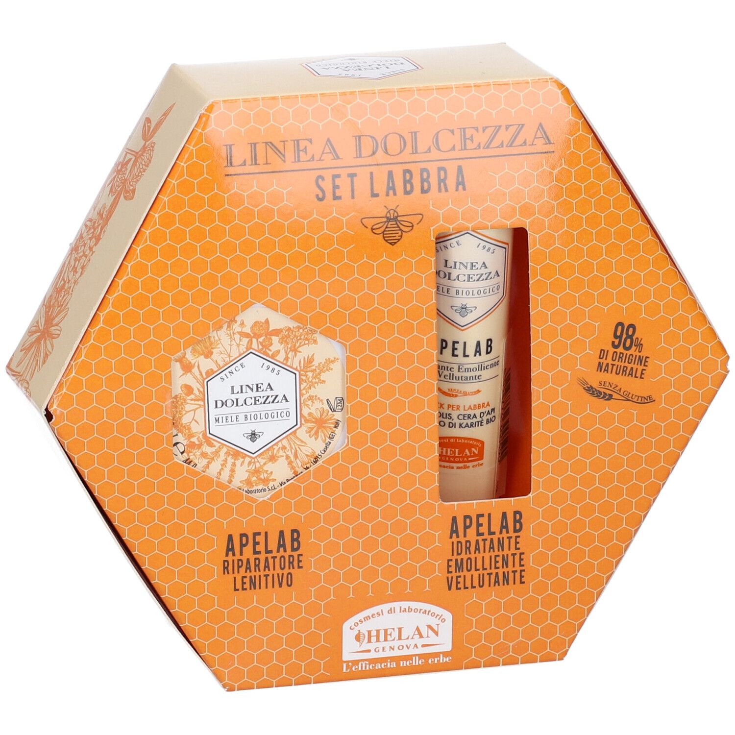 Confezione esagonale con due prodotti. Scritta: Linea Dolcezza Set Labbra. Marchio: Apelab. Motivo a nido d'ape e illustrazioni floreali.