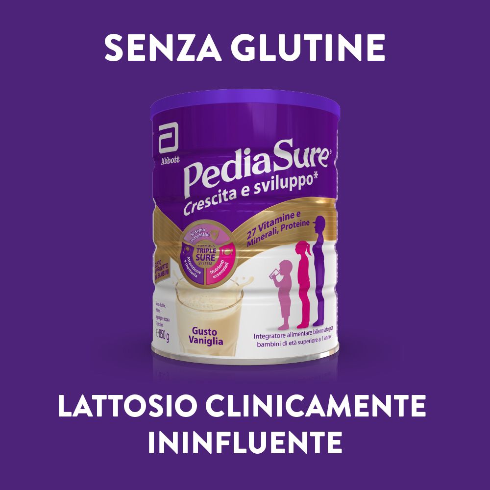 Barattolo Pediasure. Testo: Senza glutine. Lattosio clinicamente ininfluente.