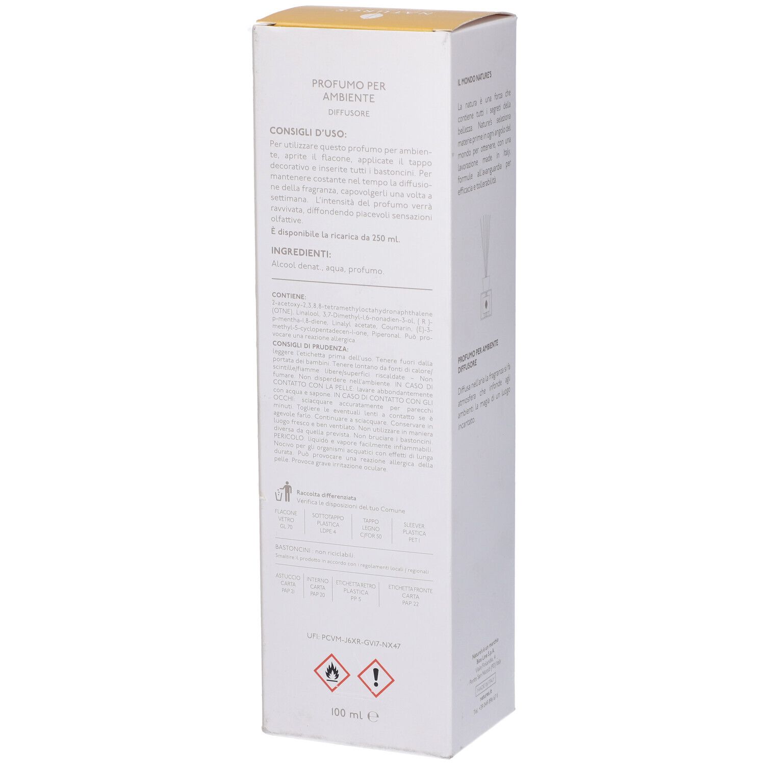 Confezione bianca con informazioni sul prodotto. Testo: Fiori di zenzero, Nature's. Ingredienti e avvertenze.