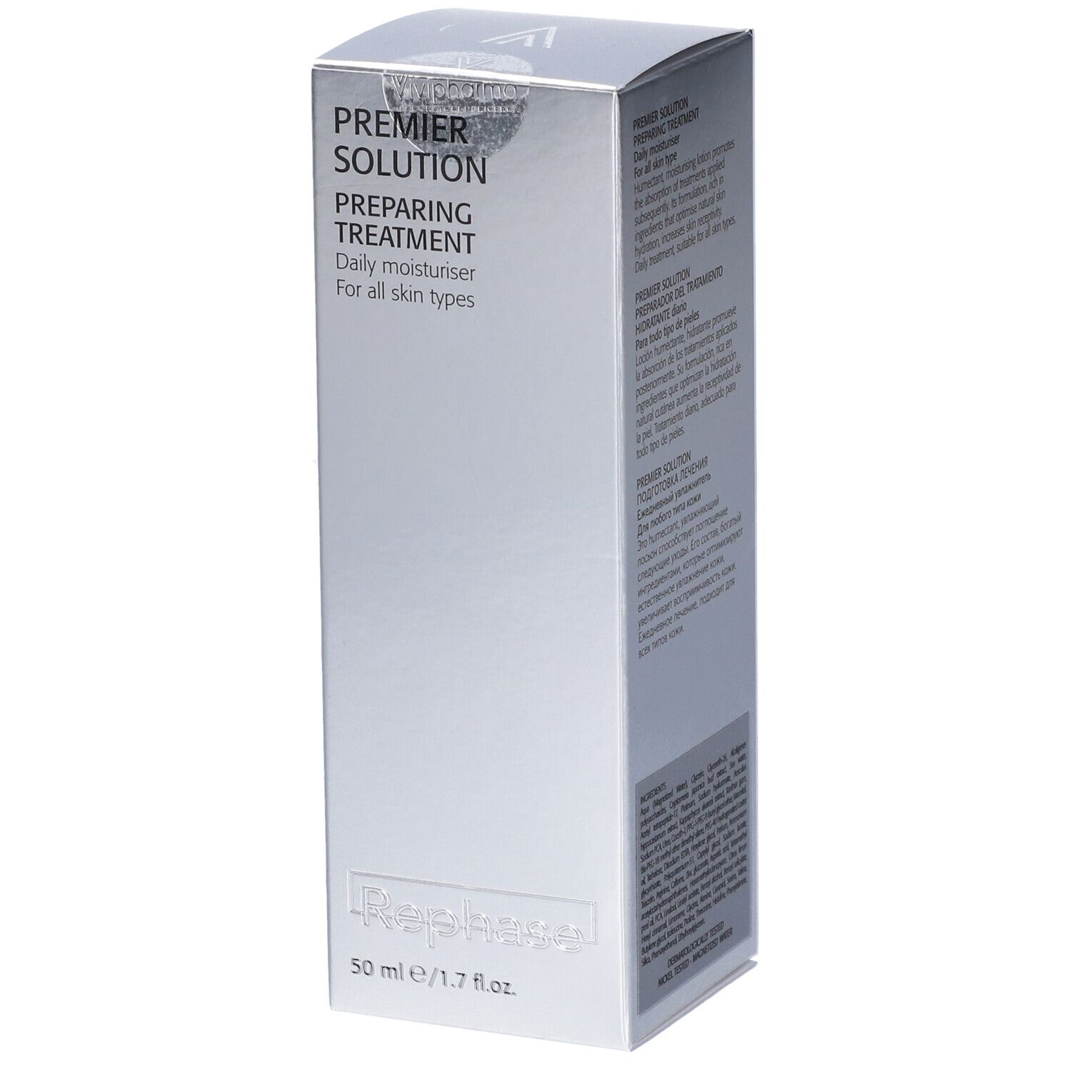 Confezione argento con testo: Premier Solution, Preparing Treatment, 50 ml. Logo Rephase in basso.