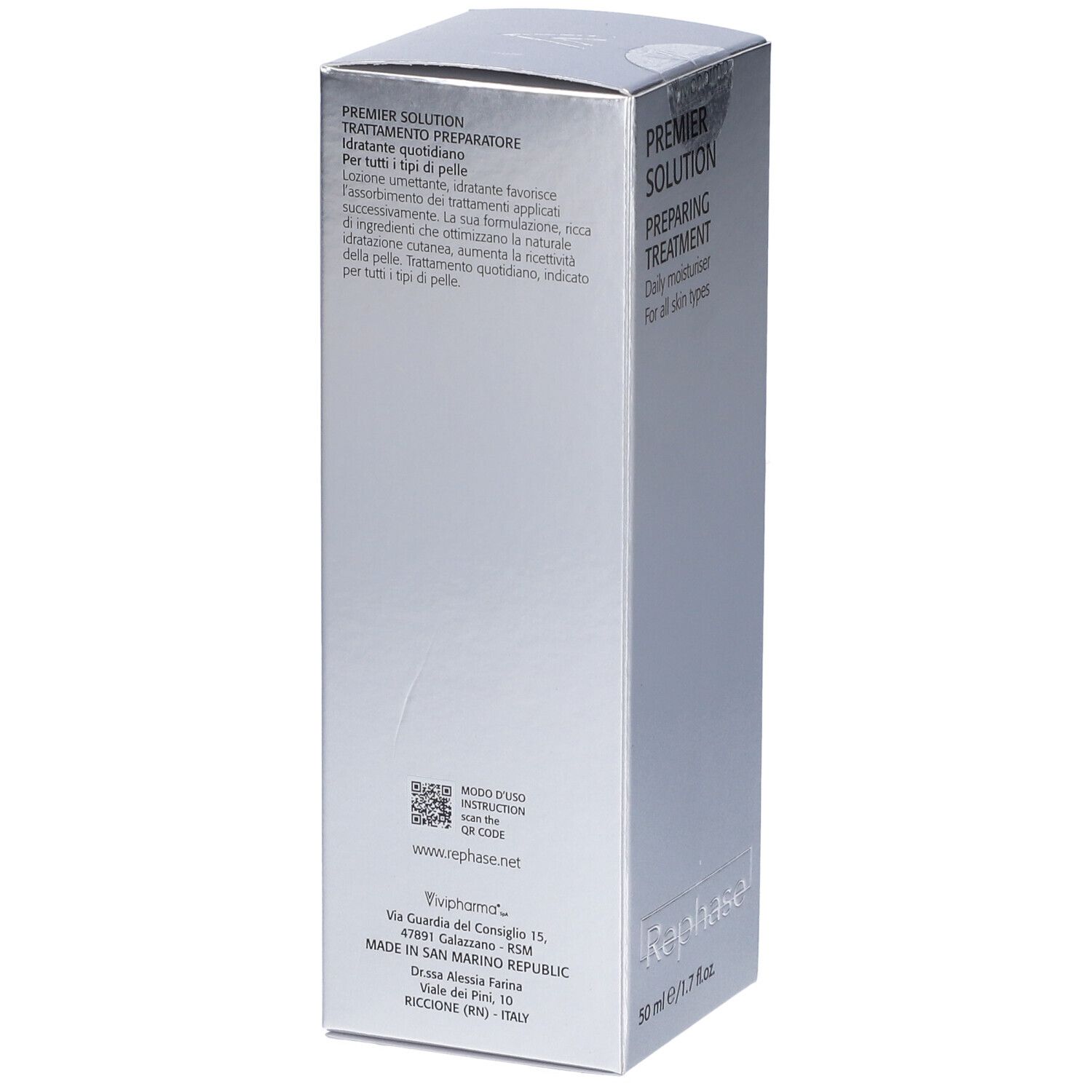 Confezione argento con testo e codice QR. Logo Rephase in basso.