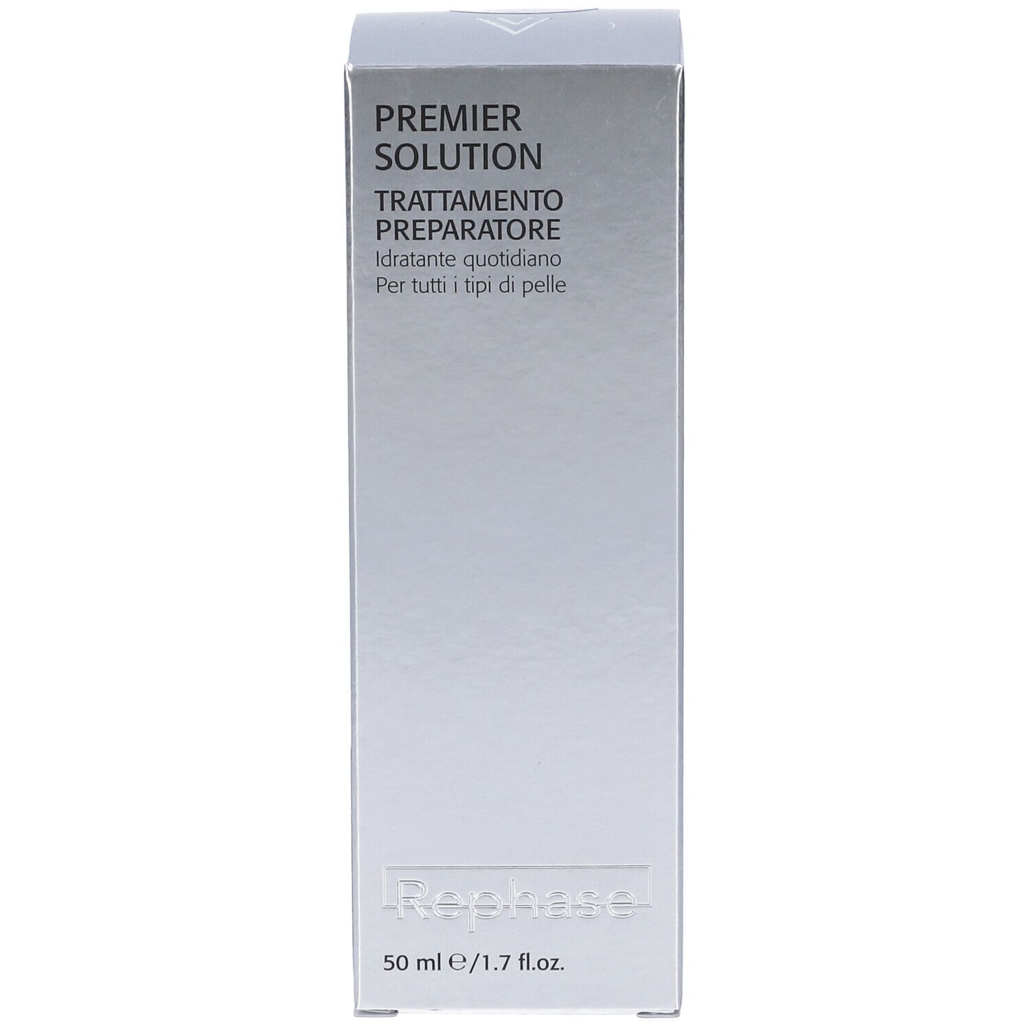 Confezione argento con testo: Premier Solution, Trattamento Preparatore, 50 ml. Logo Rephase in basso.