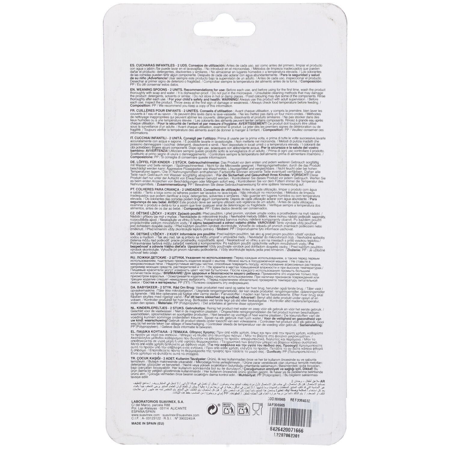Retro della confezione blister con testo multilingue. Contiene informazioni sui cucchiai.