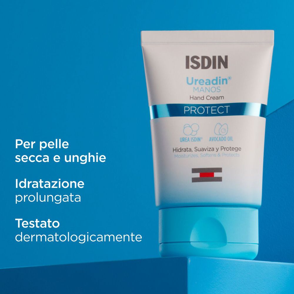 Tubo di crema con tappo blu. Scritta: ISDIN Ureadin MANOS Hand Cream. Strisce blu e rosse.