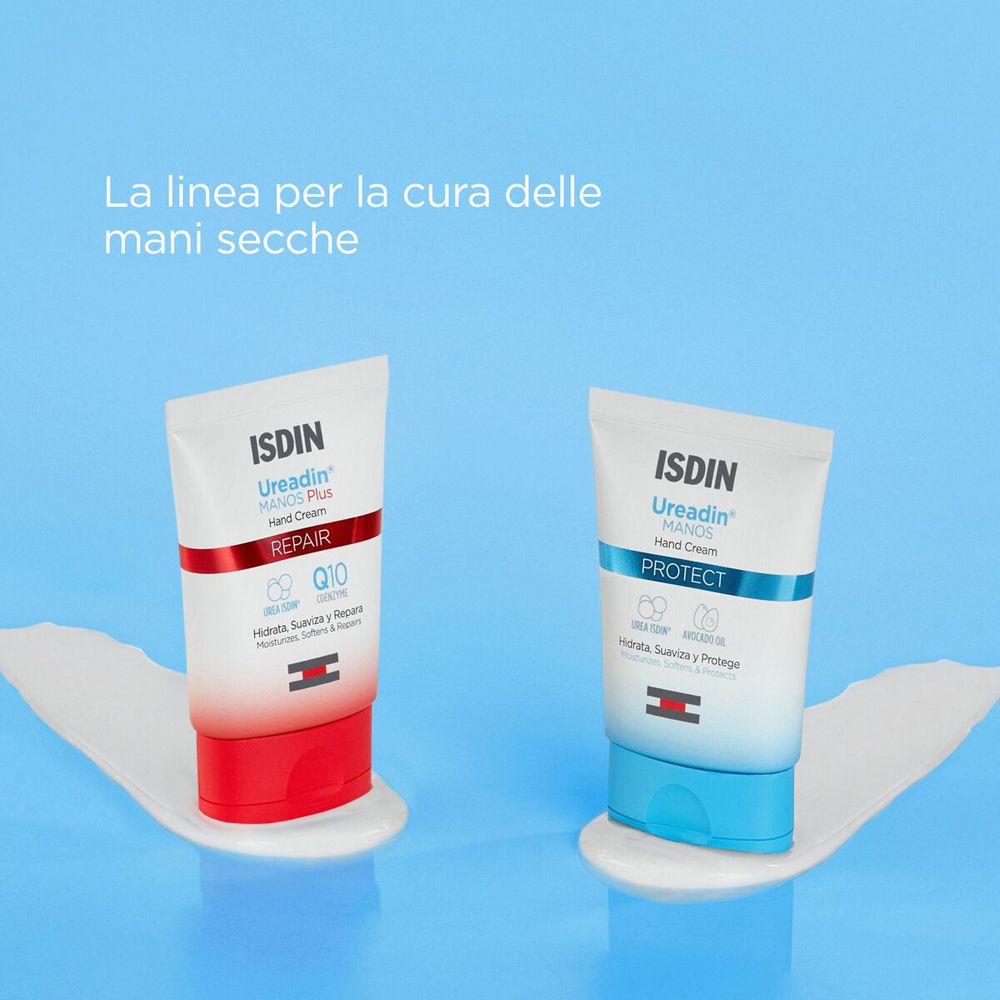 Due tubetti di crema. Scritta: ISDIN Ureadin MANOS Hand Cream. Strisce blu e rosse.