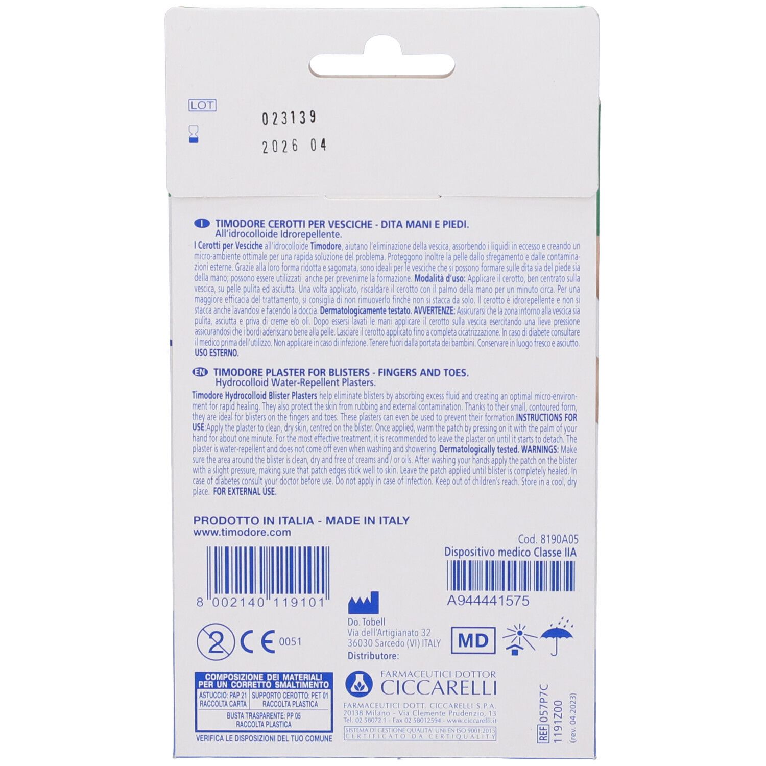 Retro della confezione con testo e loghi. Testo: Timodore, Cerotti per vesciche, Dita Mani e Piedi. Dispositivo medico.