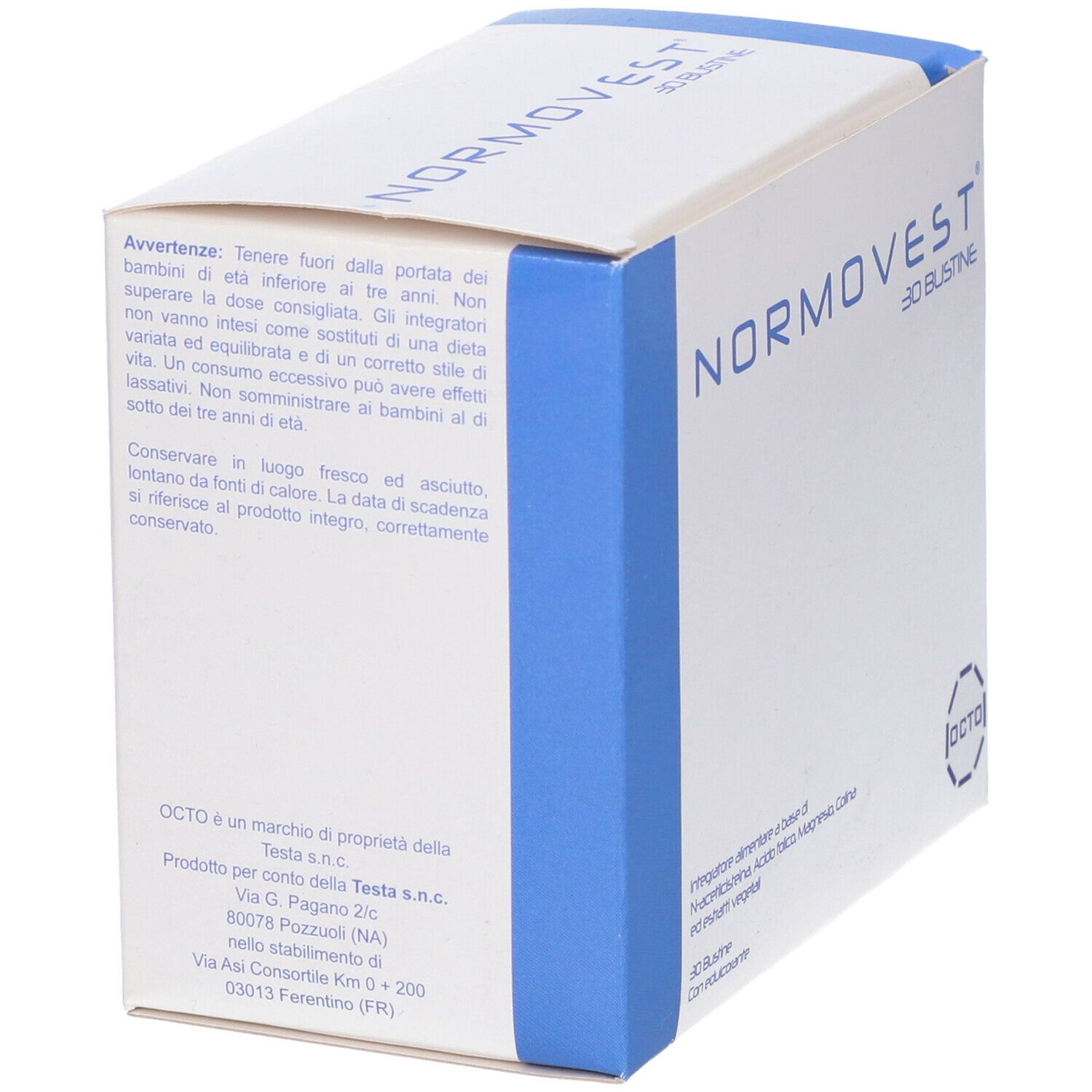 Scatola bianca con dettagli blu. Scritto: Normovest 30 Bustine. Testo su precauzioni e conservazione.