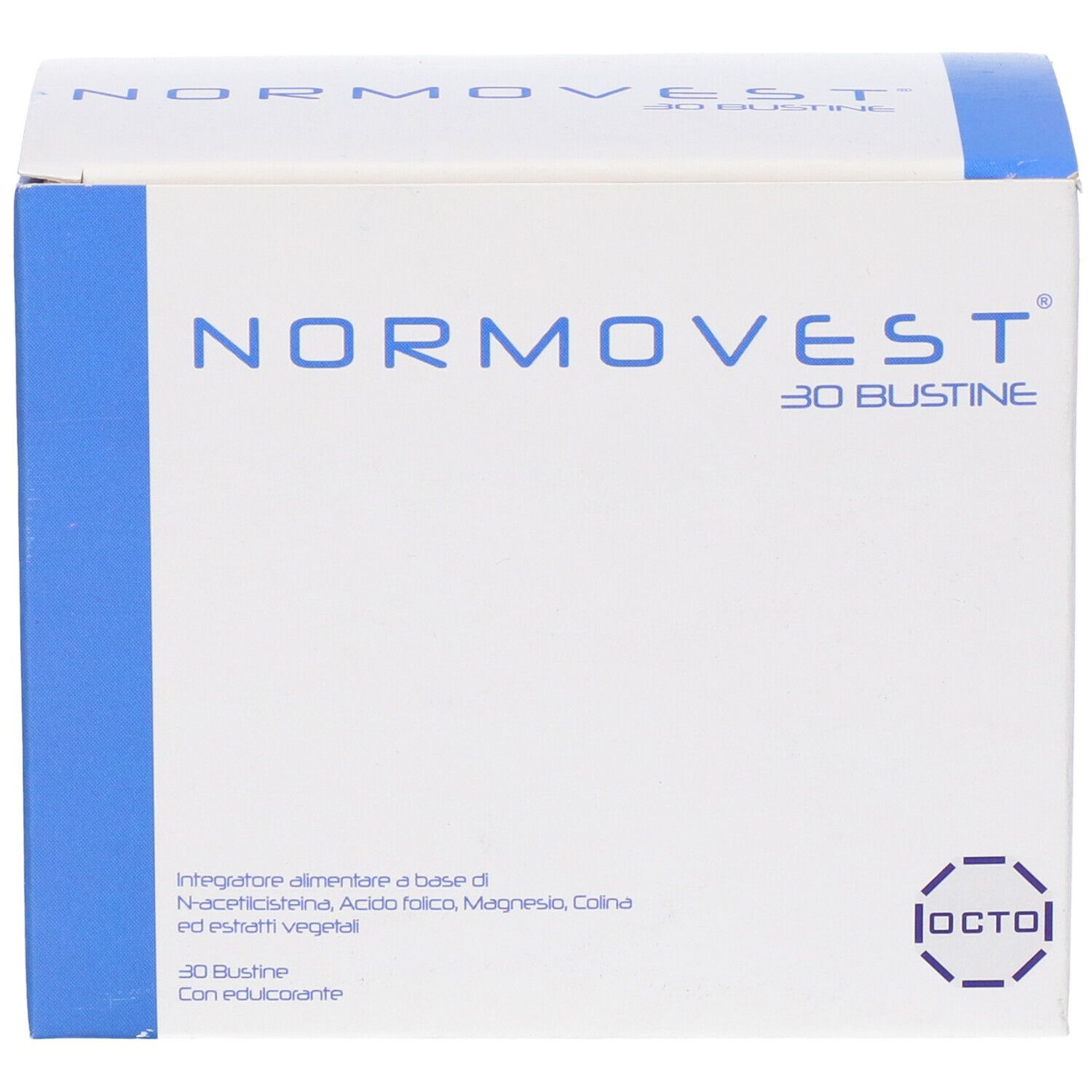 Scatola bianca con dettagli blu. Scritto: Normovest 30 Bustine. Logo: Octo. Contiene integratori alimentari.