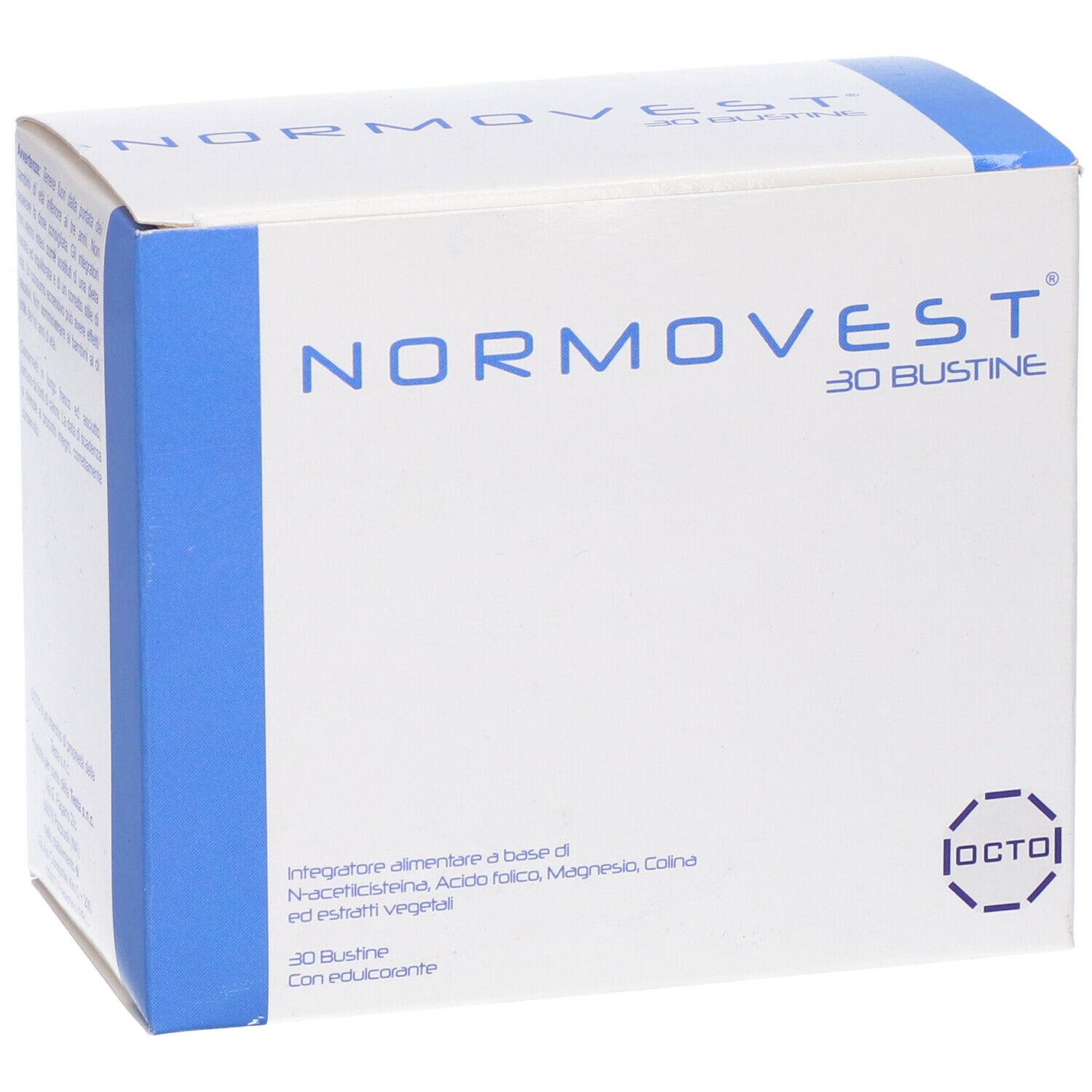 Scatola bianca con dettagli blu. Scritto: Normovest 30 Bustine. Logo: Octo. Contiene integratori alimentari.