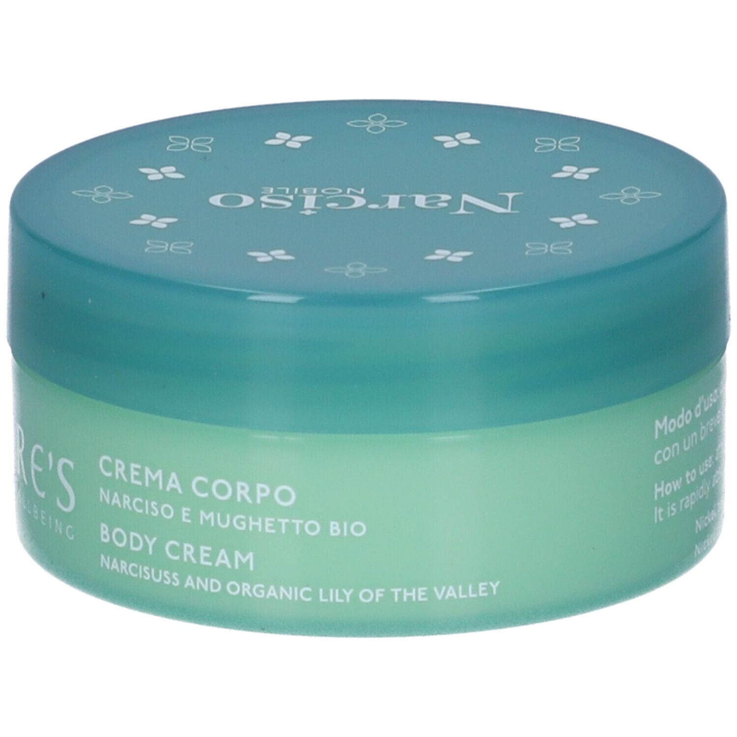 Vaso di crema verde con coperchio blu. Scritte: NATURE'S, Narciso Nobile, Crema Corpo, Body Cream. Ingredienti.