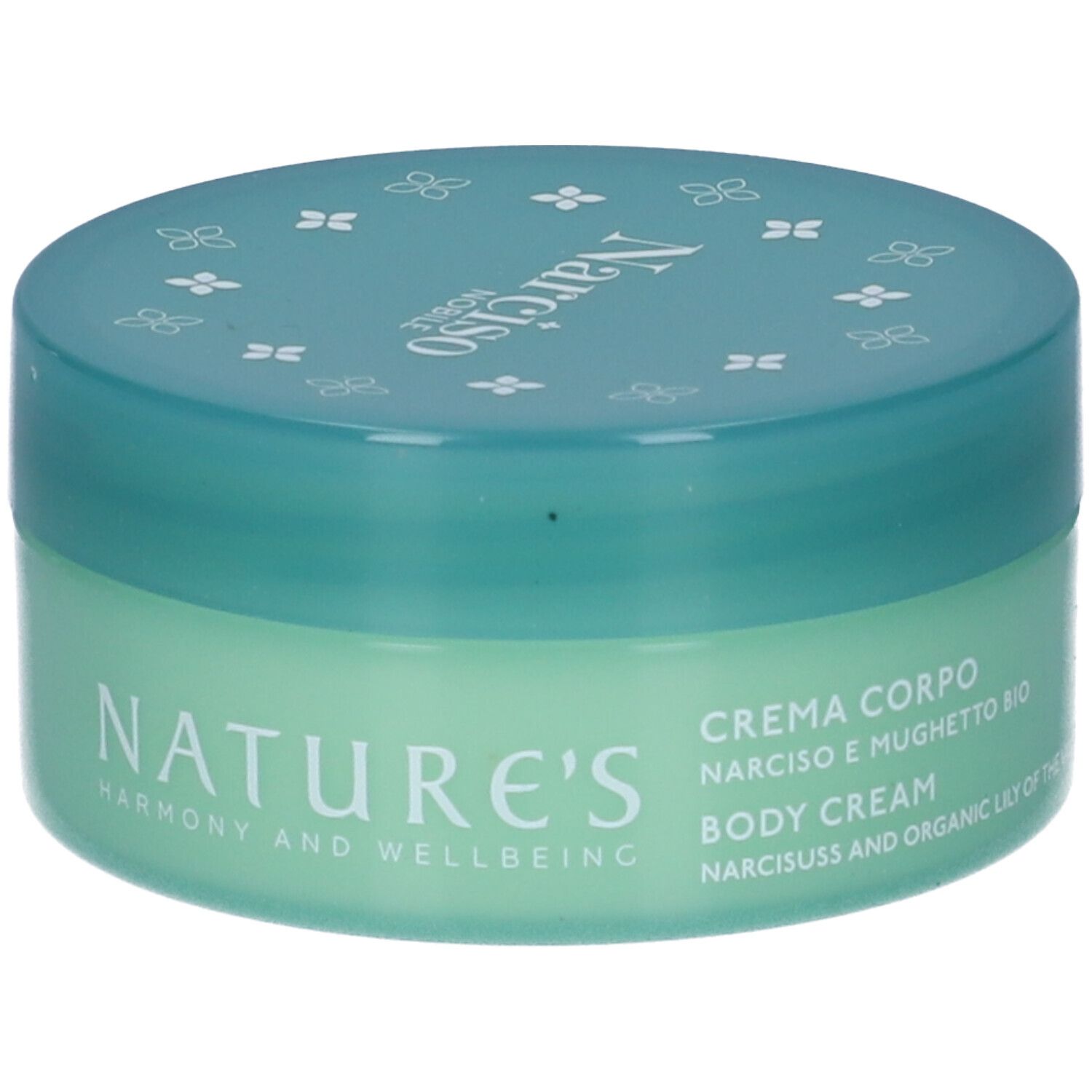 Vaso di crema verde con coperchio blu. Scritte: NATURE'S, Narciso Nobile, Crema Corpo, Body Cream. Nomi dei prodotti.