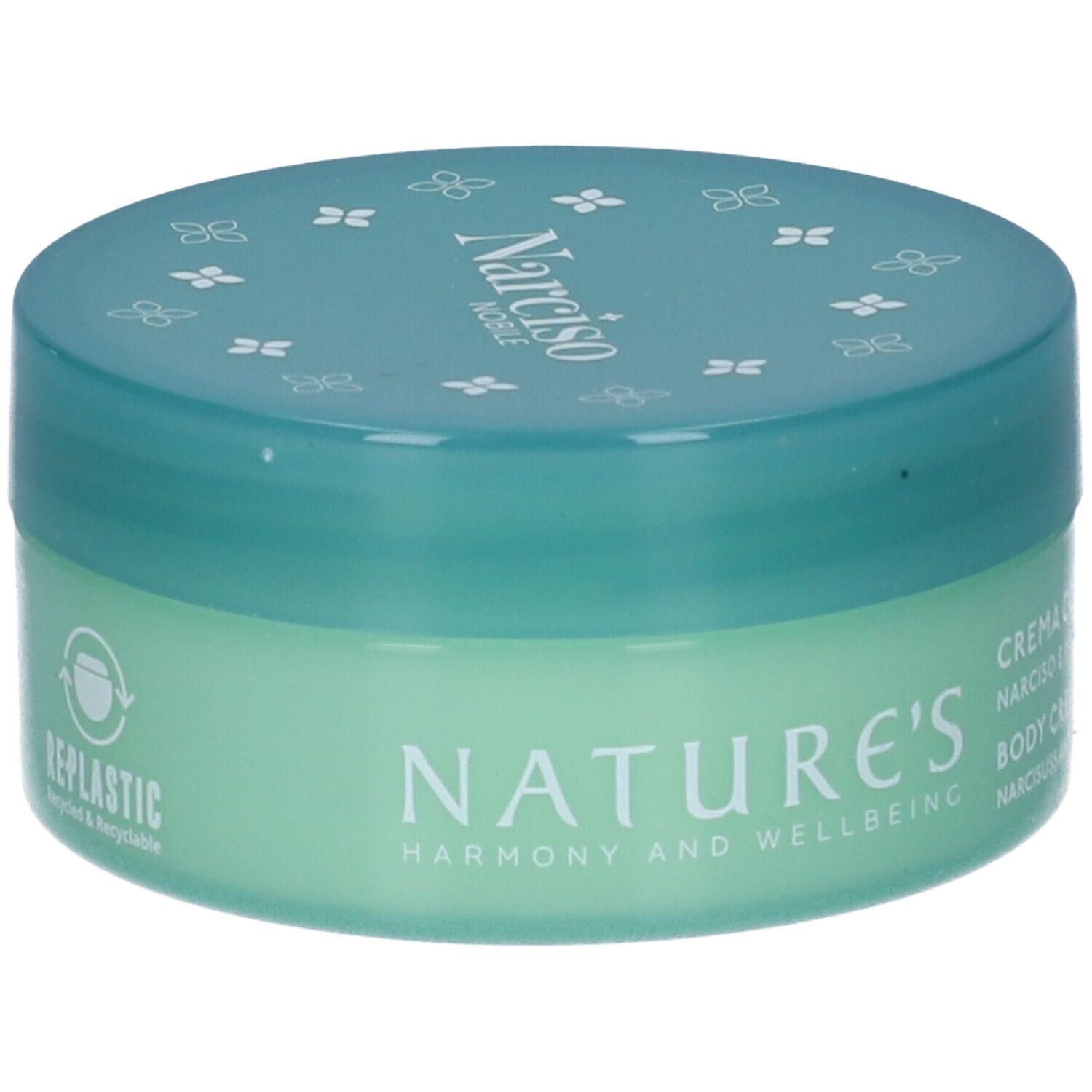 Vaso di crema verde con coperchio blu. Scritte: NATURE'S, Narciso Nobile, Crema Corpo, Body Cream. Logo REPLASTIC.