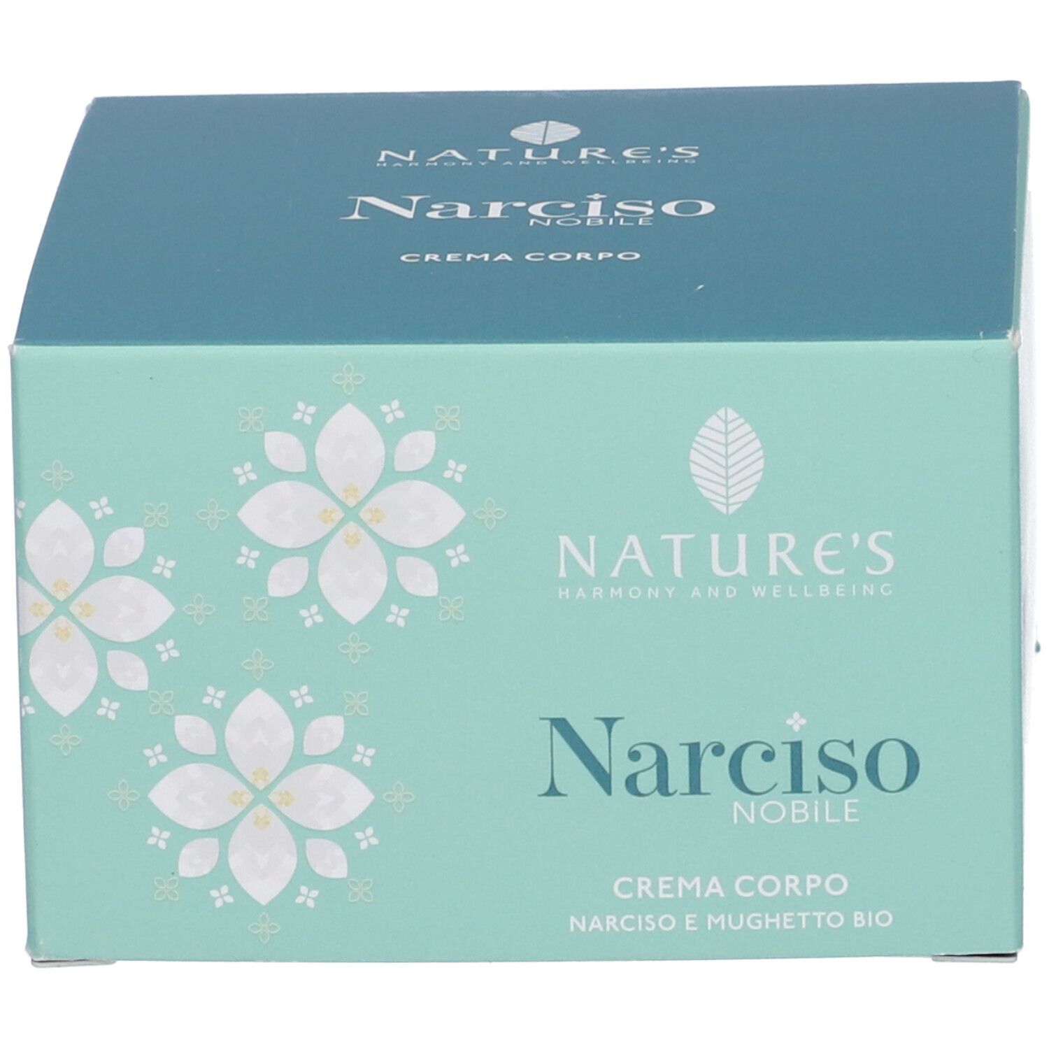 Confezione. Scritte: NATURE'S, Narciso Nobile, Crema Corpo, Body Cream. Verde e blu. Decorazioni floreali.