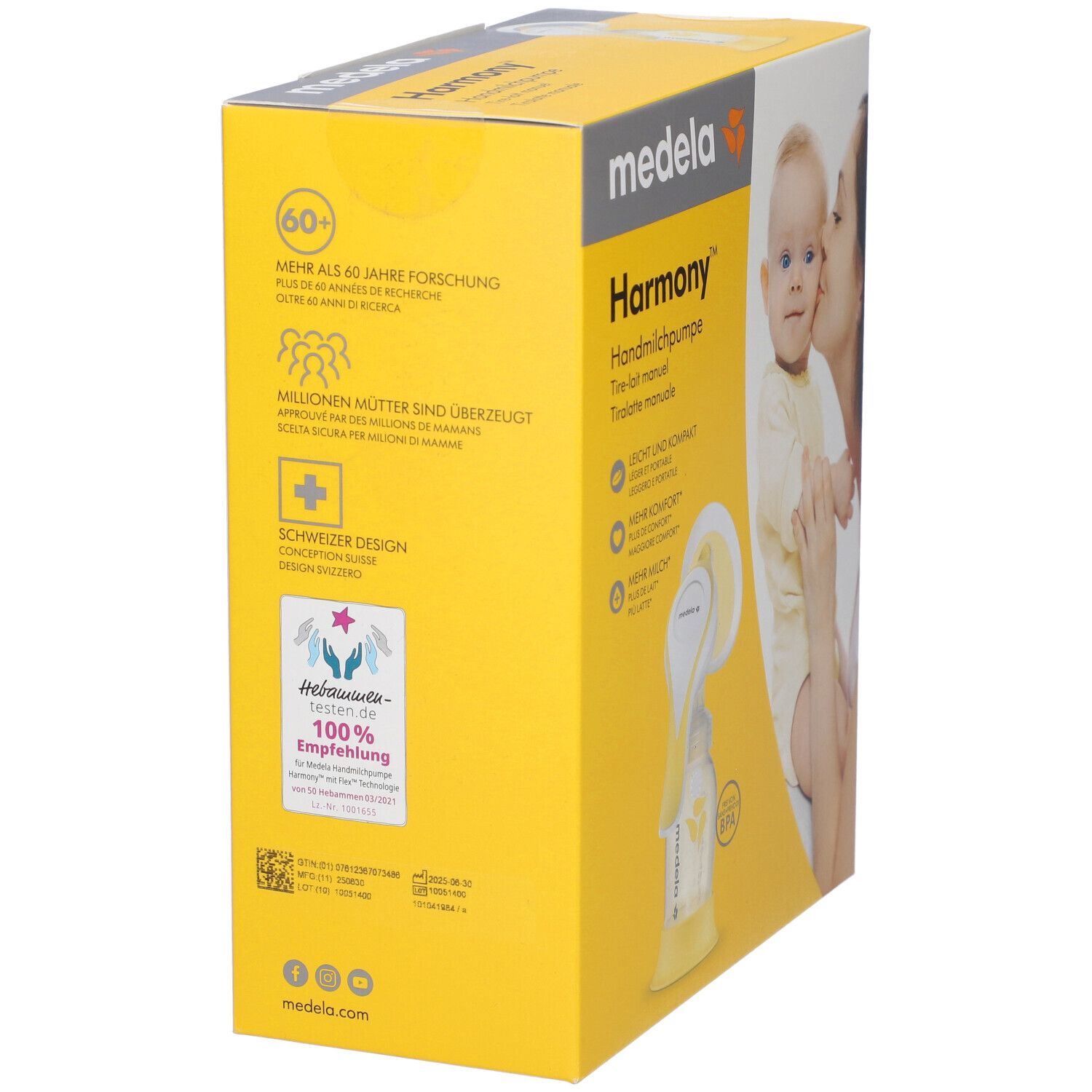 Confezione Medela Harmony tiralatte manuale su sfondo giallo con immagine di bambino e sigilli.