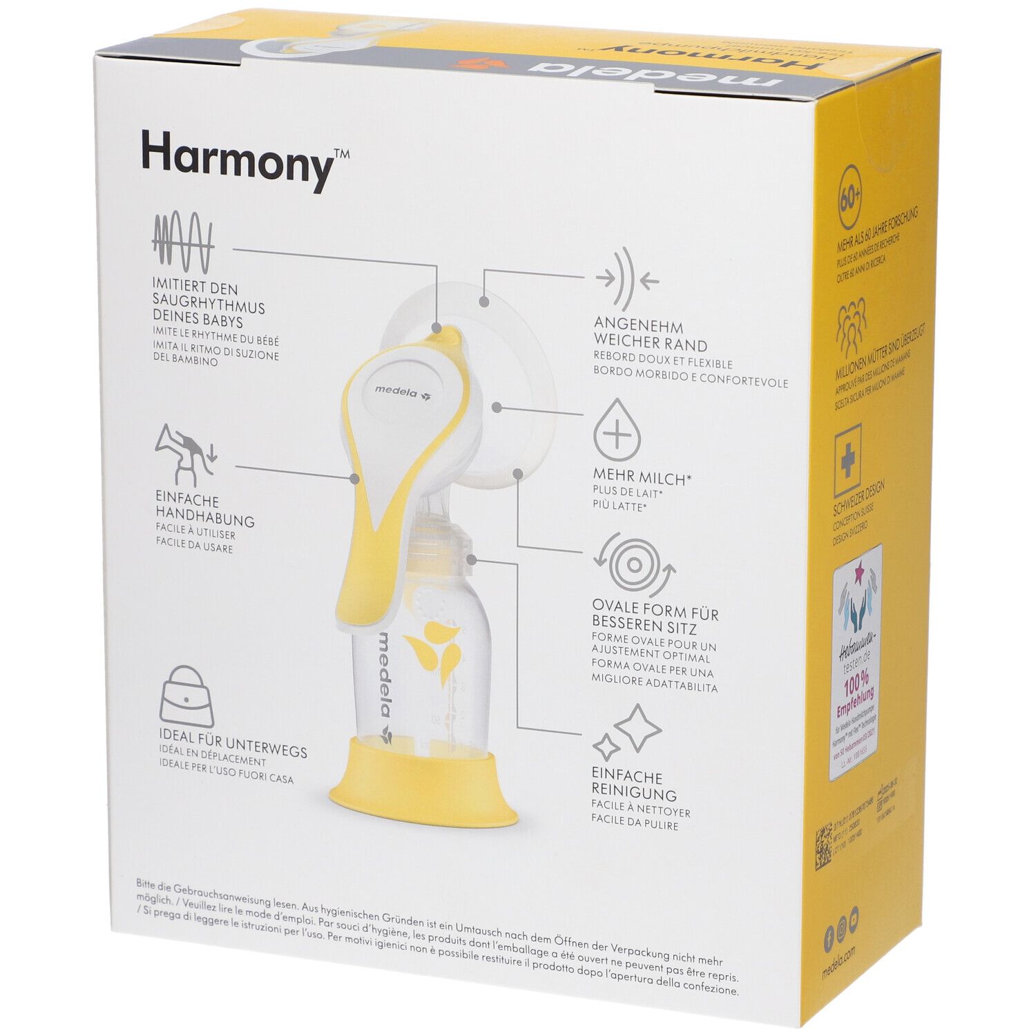 Tiralatte manuale Medela Harmony su scatola di cartone con caratteristiche del prodotto.