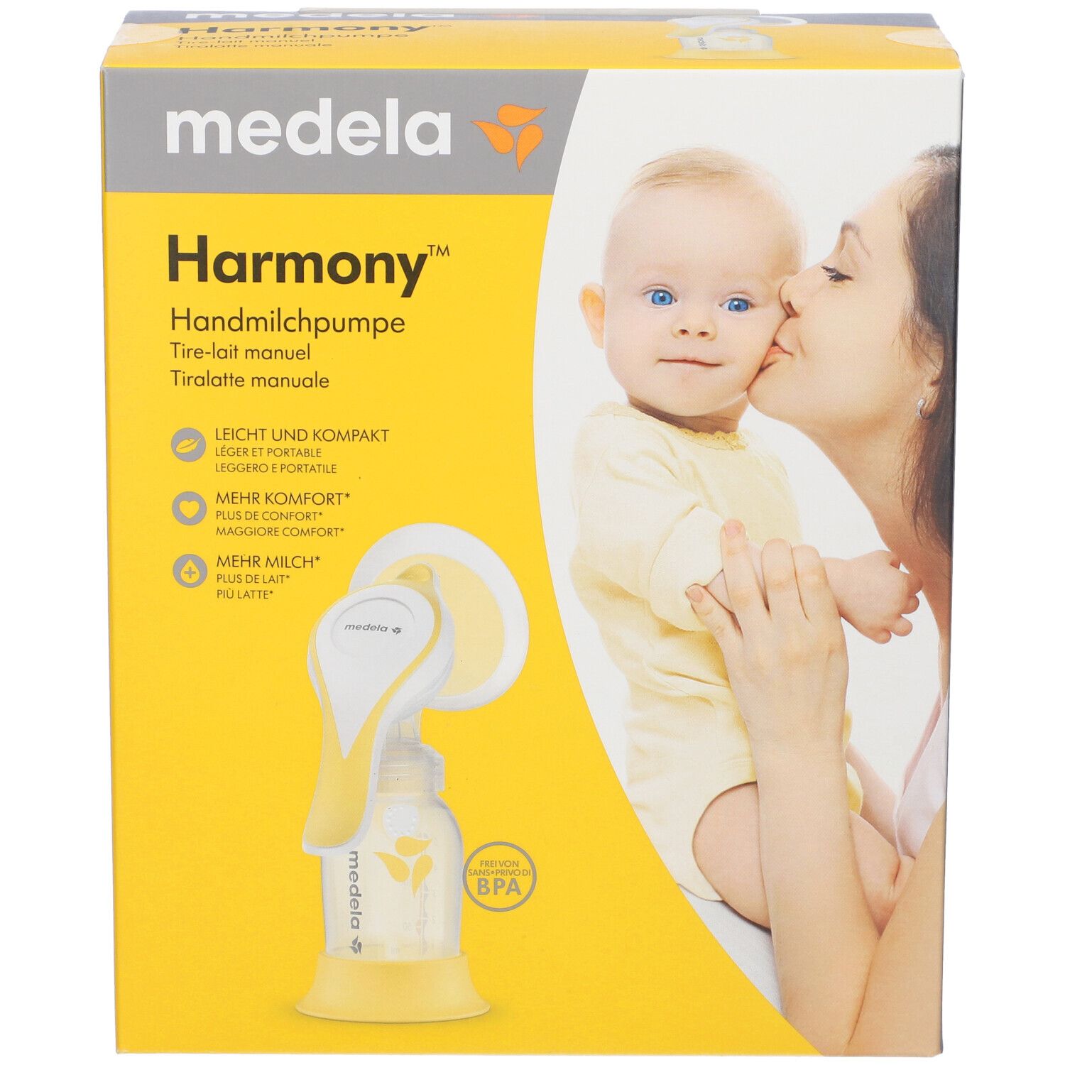 Confezione tiralatte manuale Medela Harmony con biberon, senza BPA.