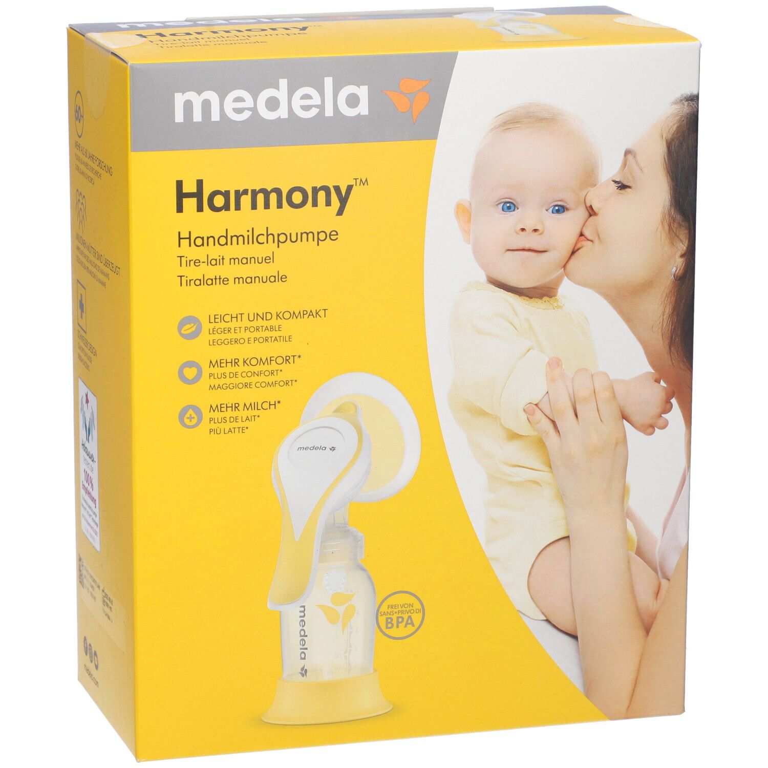 Confezione Medela Harmony Tiralatte manuale con immagine di madre e bambino. Contiene un tiralatte manuale giallo e bianco.