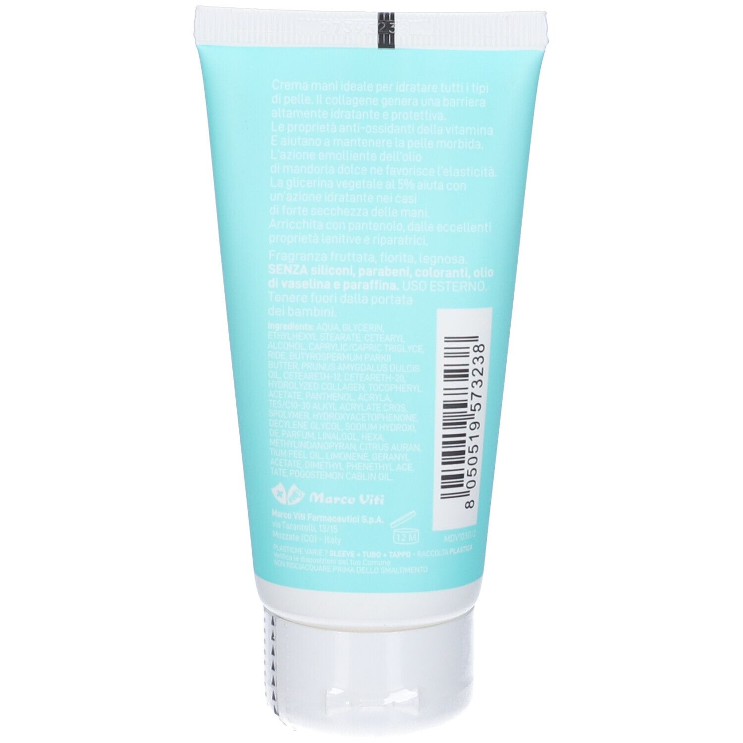 Retro del tubo. Testo in italiano. Contiene informazioni sugli ingredienti e il produttore. Con codice a barre e logo.