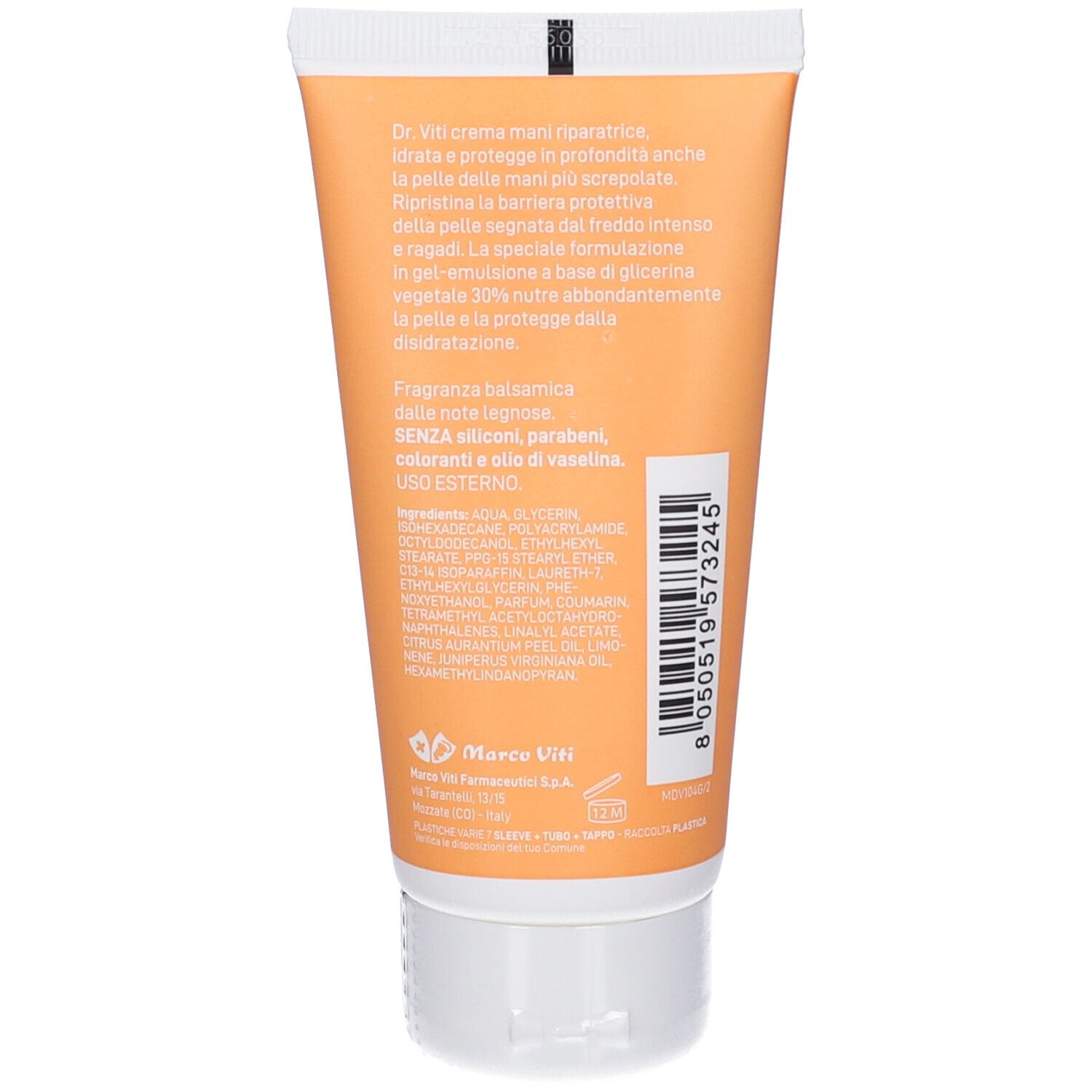 Retro del tubo di crema. Testo: Dr. Viti, ingredienti, istruzioni per l'uso. Sfondo arancione, testo bianco.