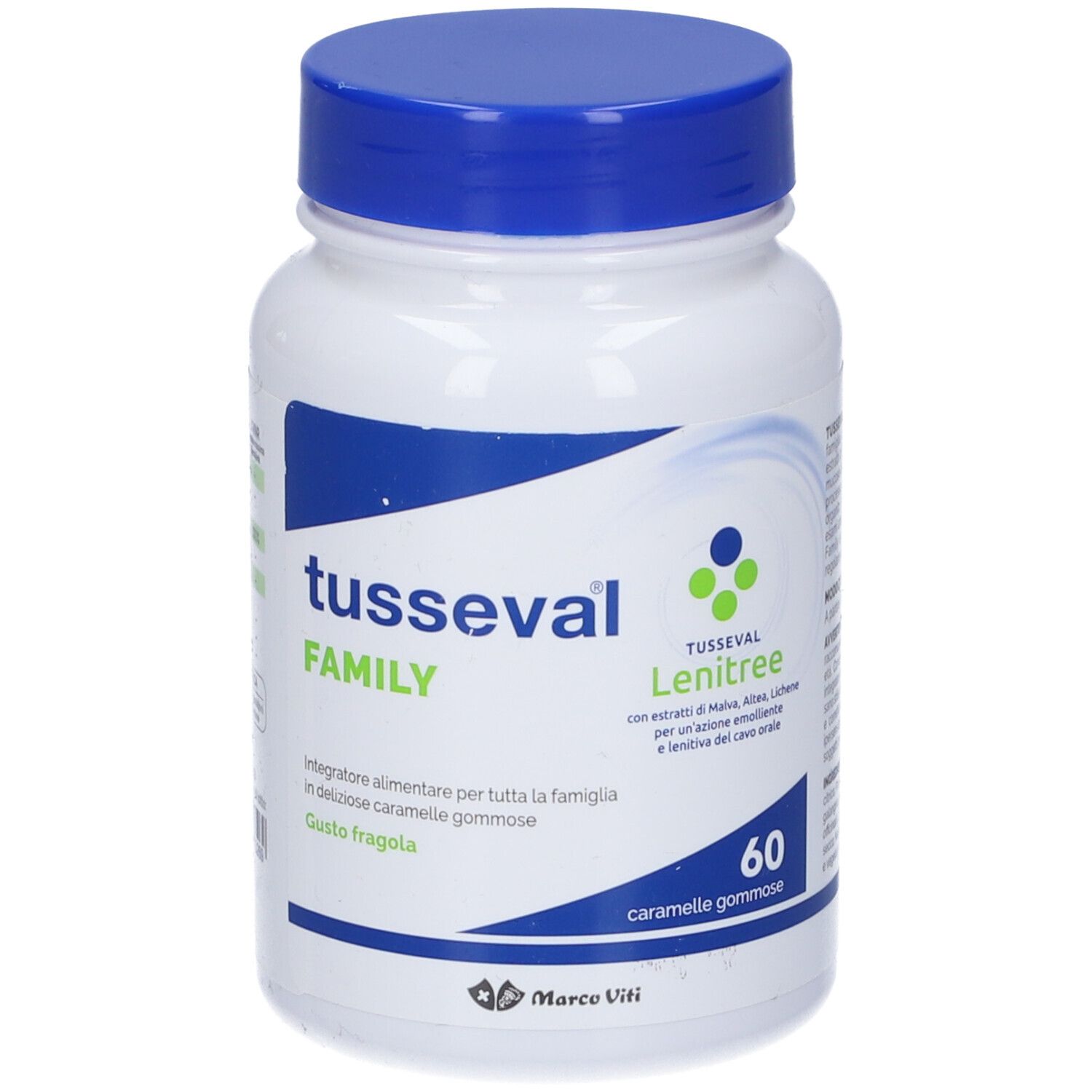 Flacone bianco con tappo blu. Scritta: Tusseval Family, Lenitree. 60 caramelle gommose. Marchio Marco Viti.