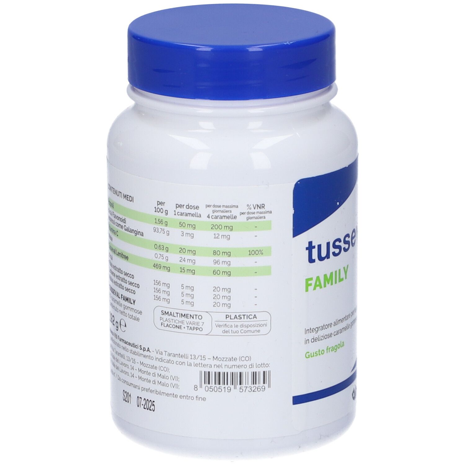 Retro di un flacone bianco con tappo blu. Testo con informazioni nutrizionali e ingredienti. Marchio Marco Viti.