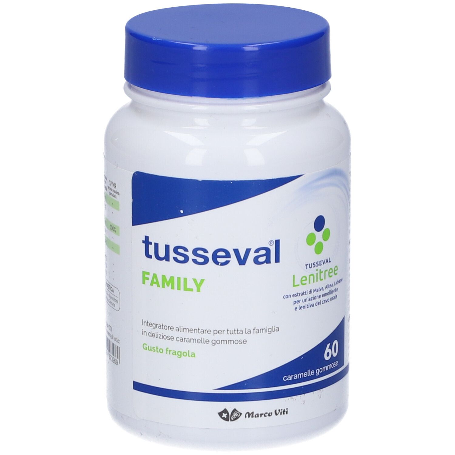 Flacone bianco con tappo blu. Scritta: Tusseval Family, Lenitree. 60 caramelle gommose. Marchio Marco Viti.