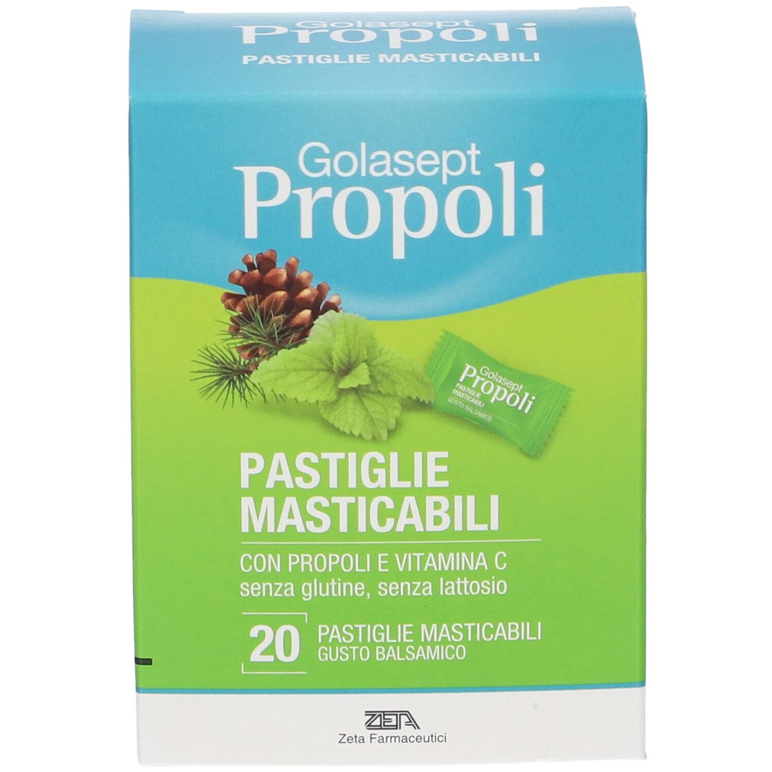 Fronte confezione Golasept Propoli Pastiglie Masticabili, 20 pezzi, gusto balsamico.