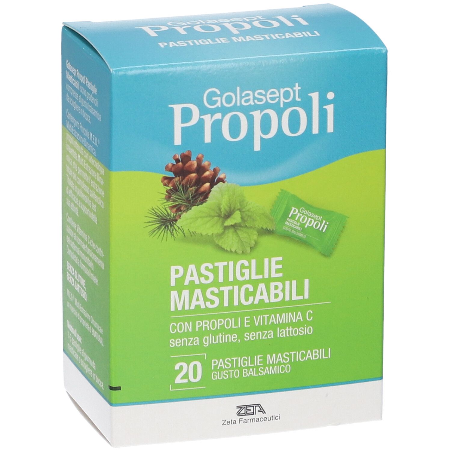 Confezione Golasept Propoli Pastiglie Masticabili, 20 pezzi, gusto balsamico, con pigna e menta.