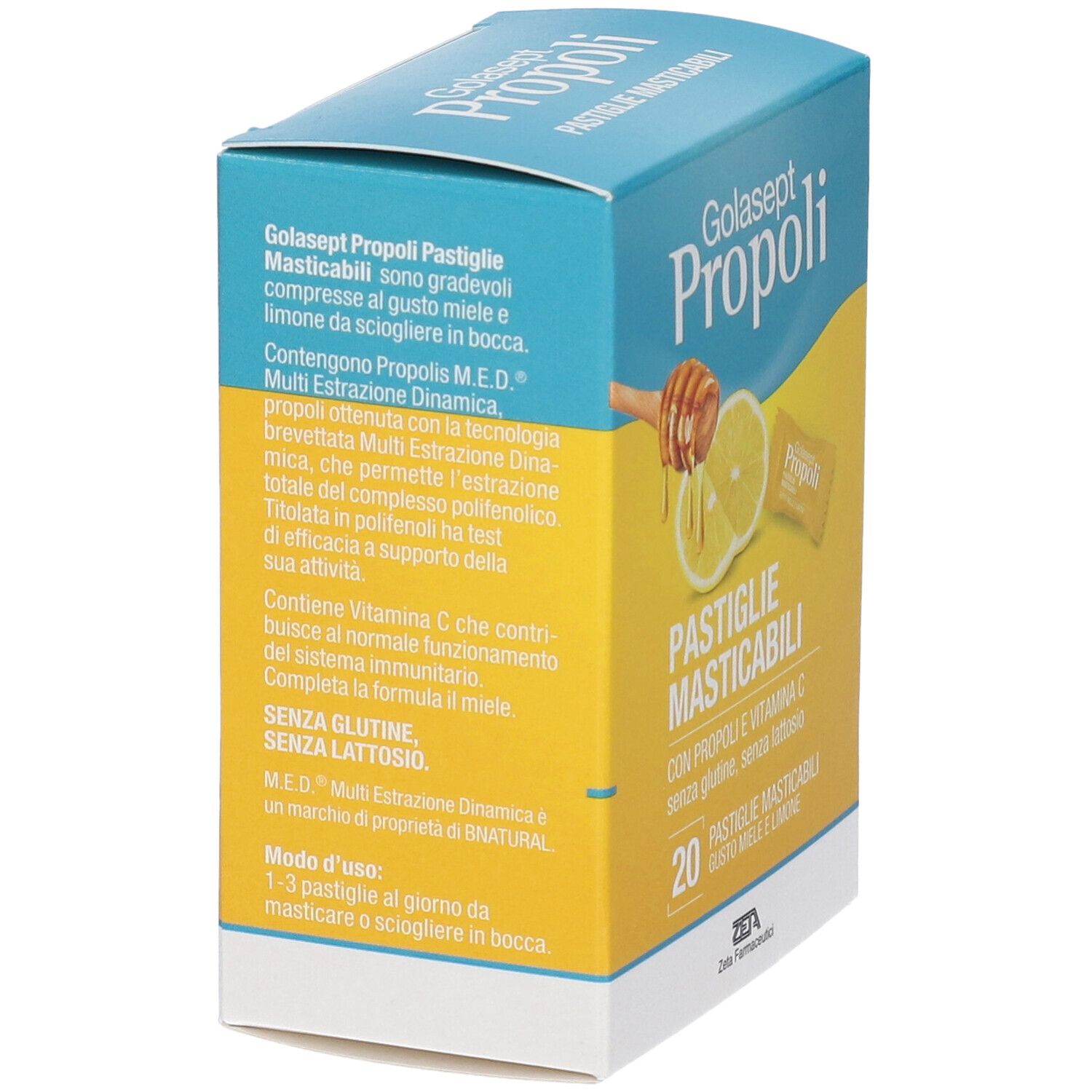 Retro confezione Golasept Propoli con informazioni sul prodotto e ingredienti.