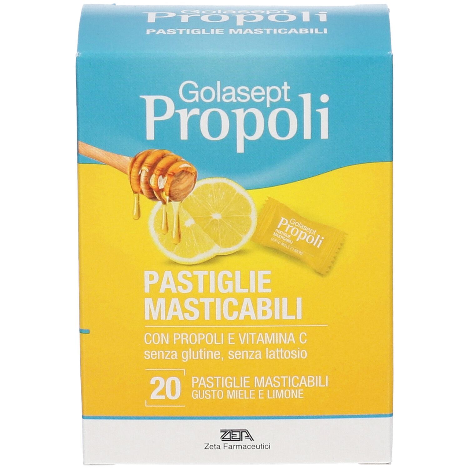 Fronte confezione Golasept Propoli con miele, limone e 20 pastiglie masticabili.