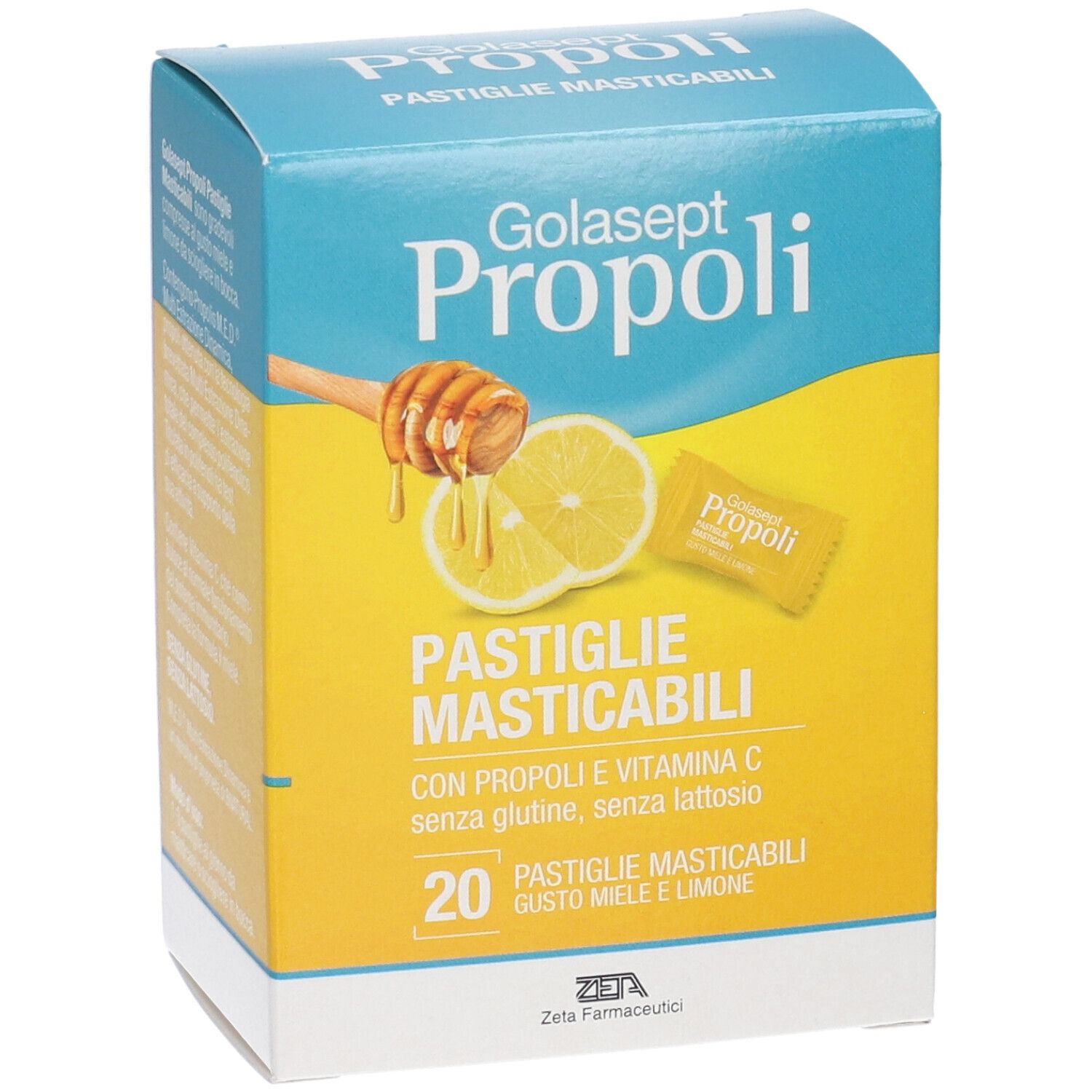 Fronte confezione Golasept Propoli, 20 pastiglie masticabili, gusto miele limone.
