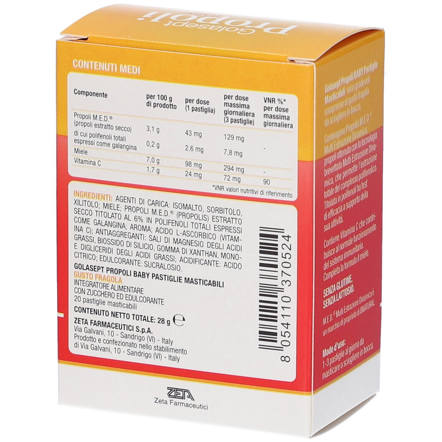 GOLASEPT PROPOLI BABY: Retro della confezione con tabella nutrizionale e lista ingredienti.
