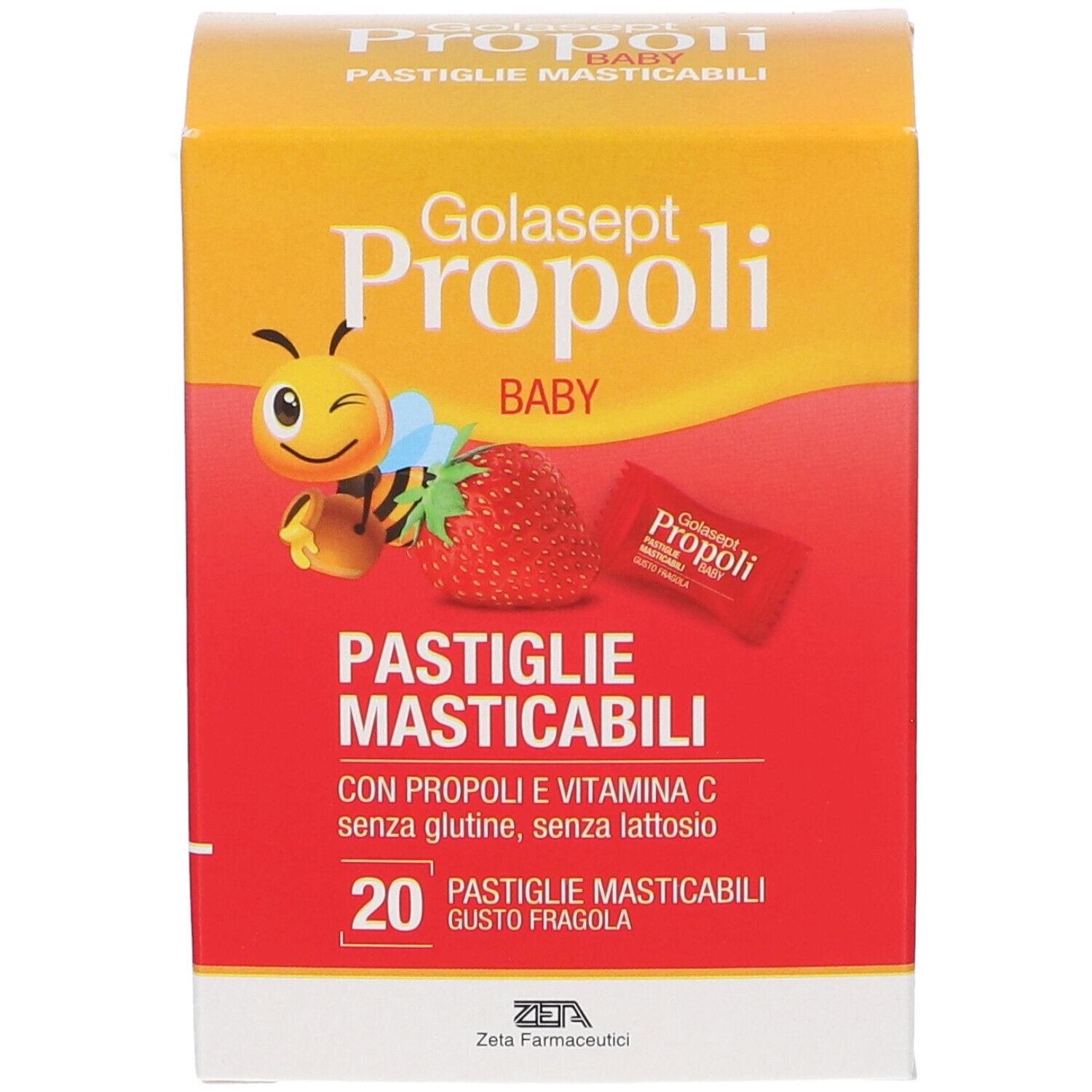 GOLASEPT PROPOLI BABY: Fronte della confezione con ape, fragola e nome del prodotto.