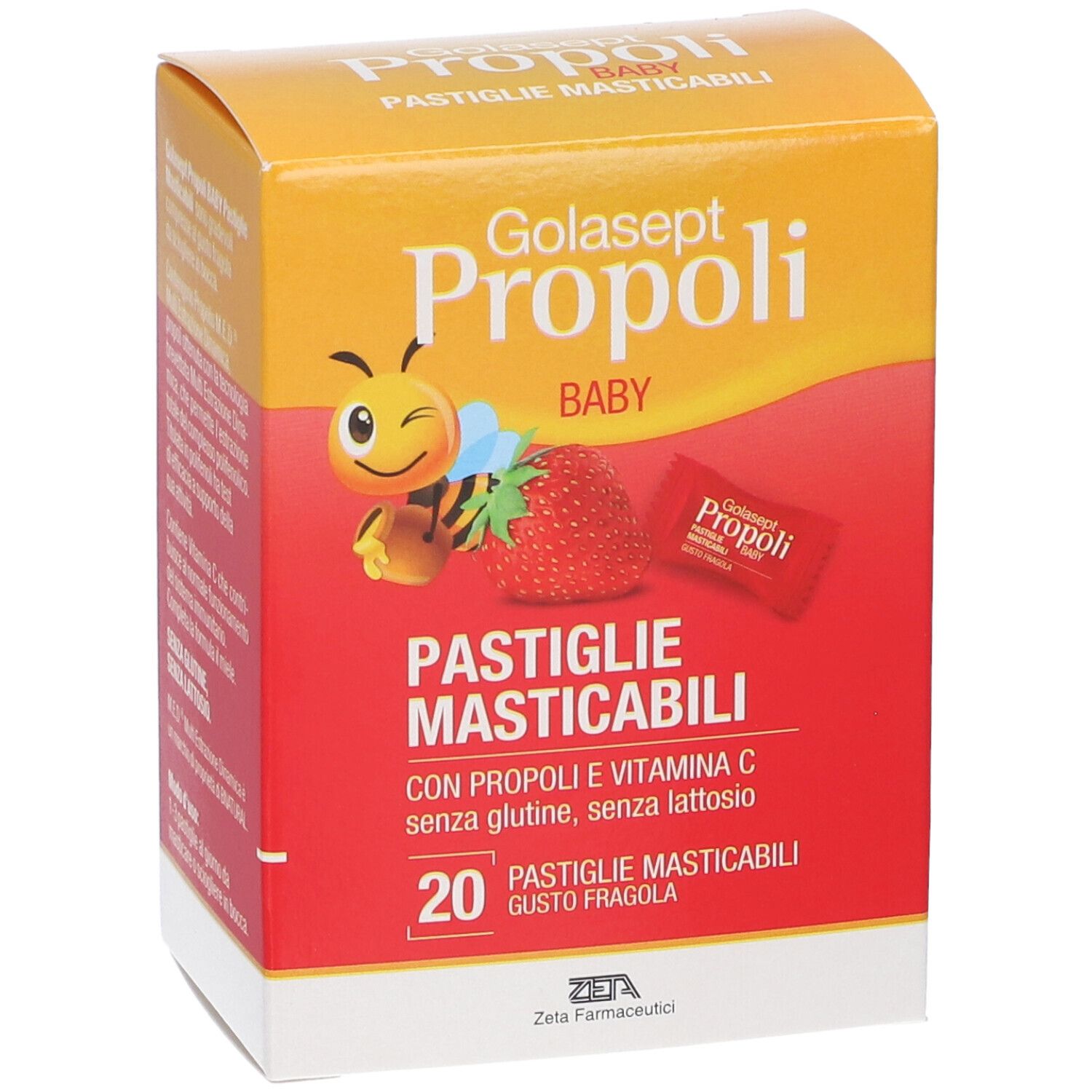 GOLASEPT PROPOLI BABY: Scatola da 20 pastiglie masticabili alla propoli e vitamina C, gusto fragola.