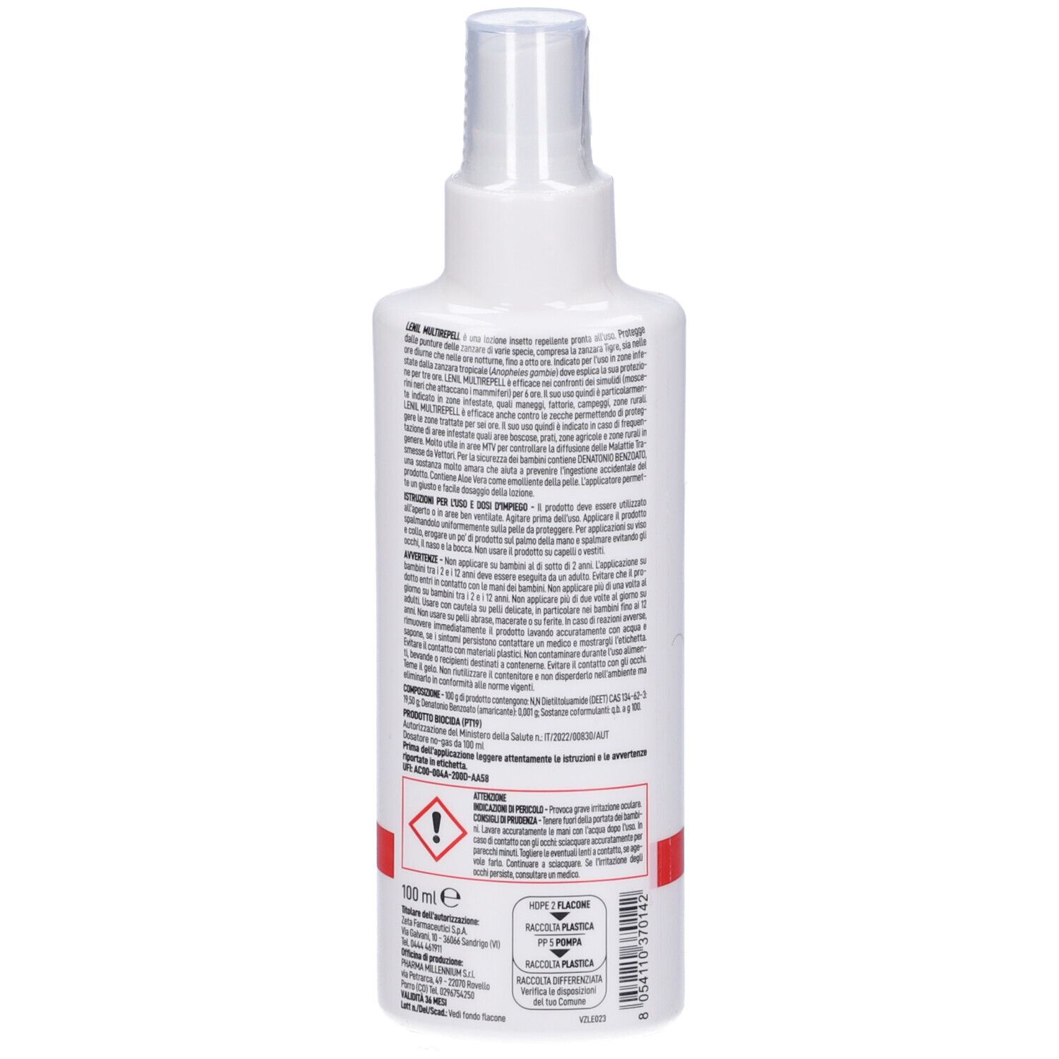 Retro del flacone spray bianco. Informazioni testuali, avvertenze e informazioni del produttore. Striscia rossa in basso.