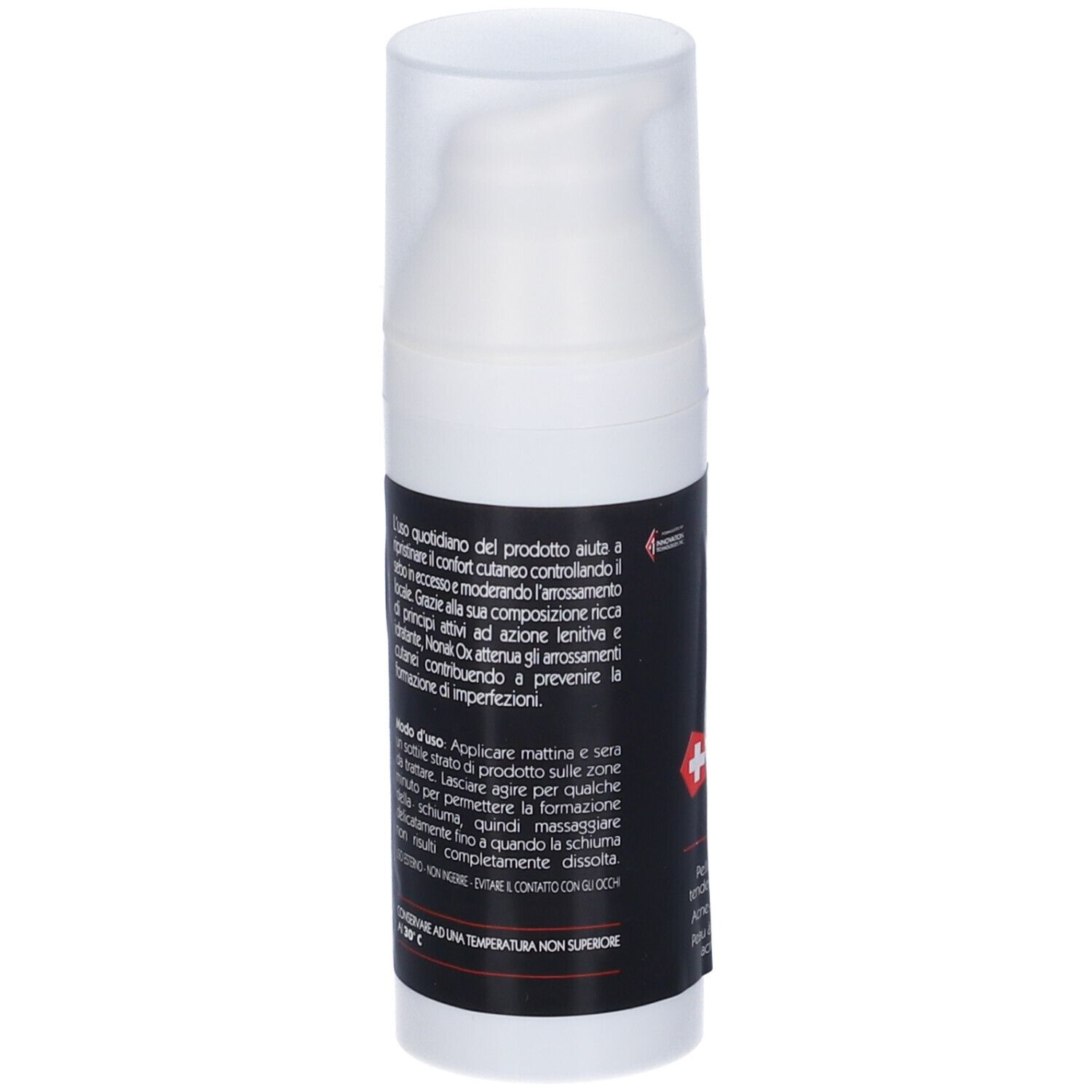 Flacone bianco con etichetta nera. Testo in italiano. Con dosatore e croce svizzera.