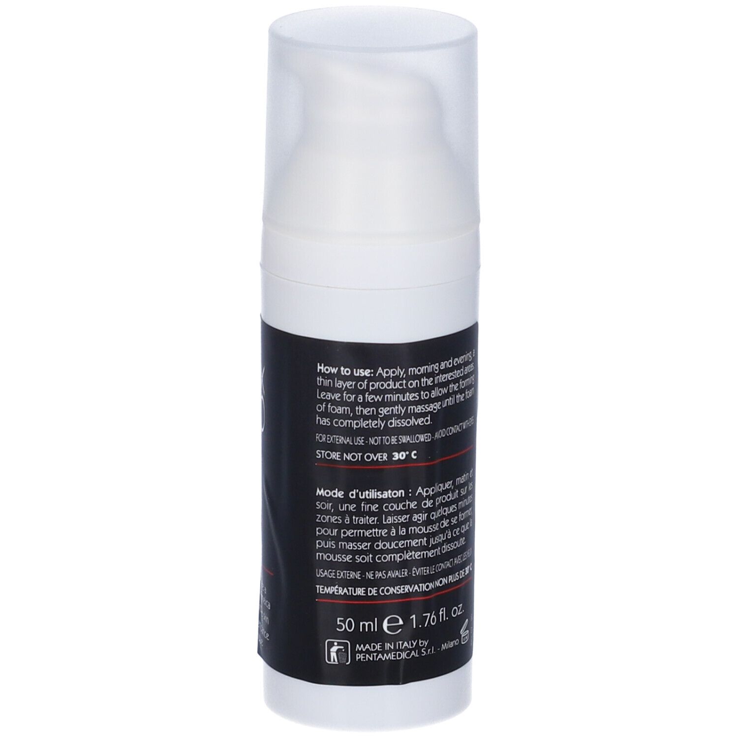 Flacone bianco con etichetta nera. Testo in inglese e francese. Con dosatore.