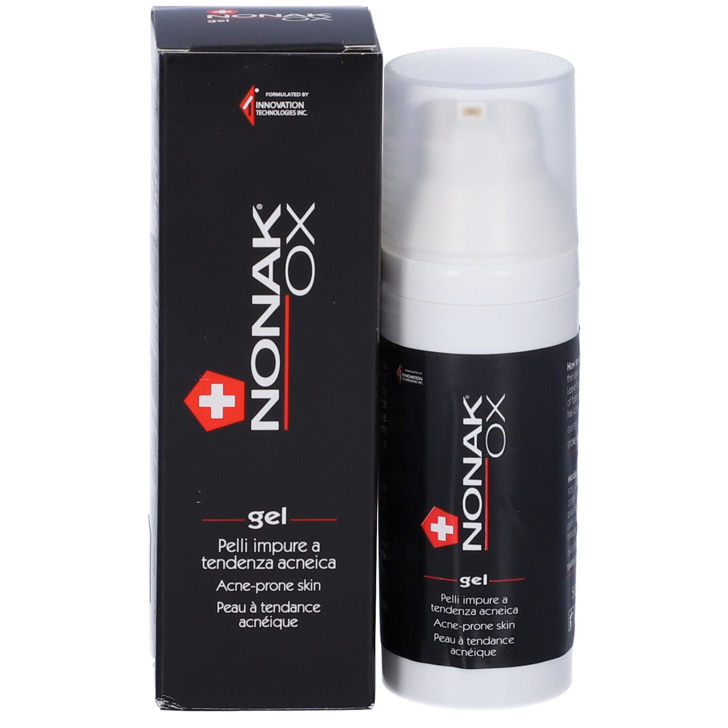 Confezione del prodotto con flacone e scatola. Scritta: NONAK OX gel. Con croce svizzera.