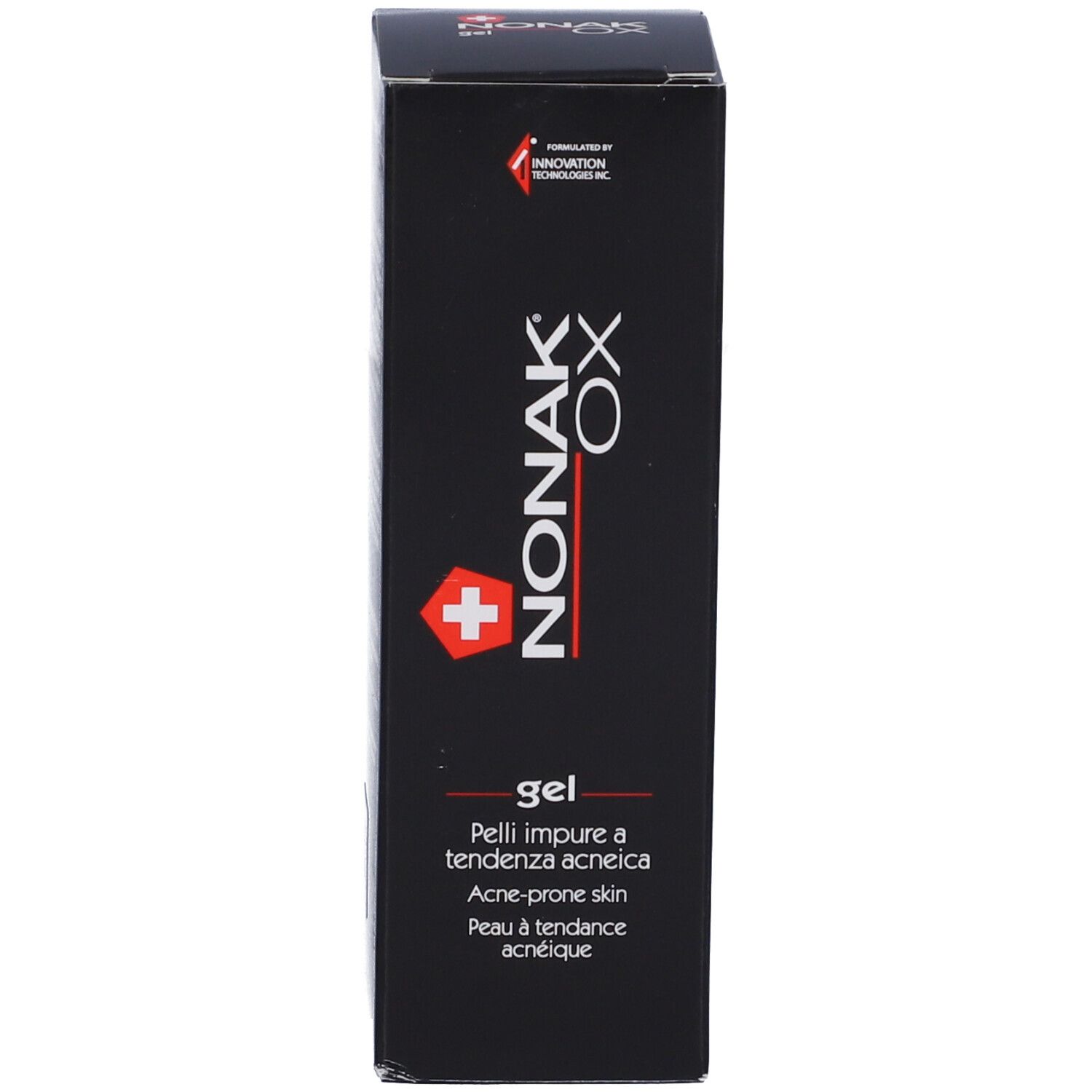 Scatola nera con scritta: NONAK OX gel. Con croce svizzera.
