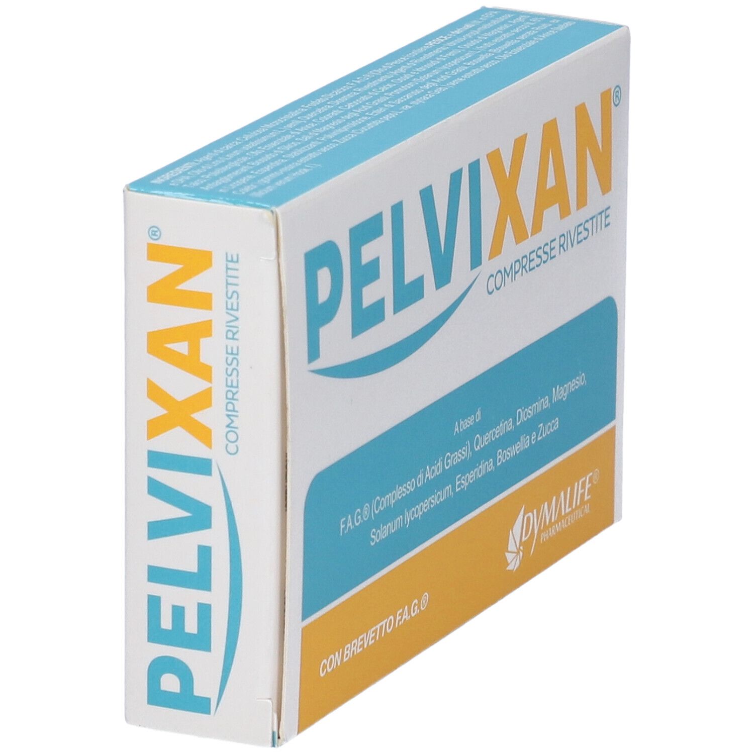 Scatola di compresse Pelvixan. Scritto: Pelvixan, Compresse Rivestite. Vista laterale.
