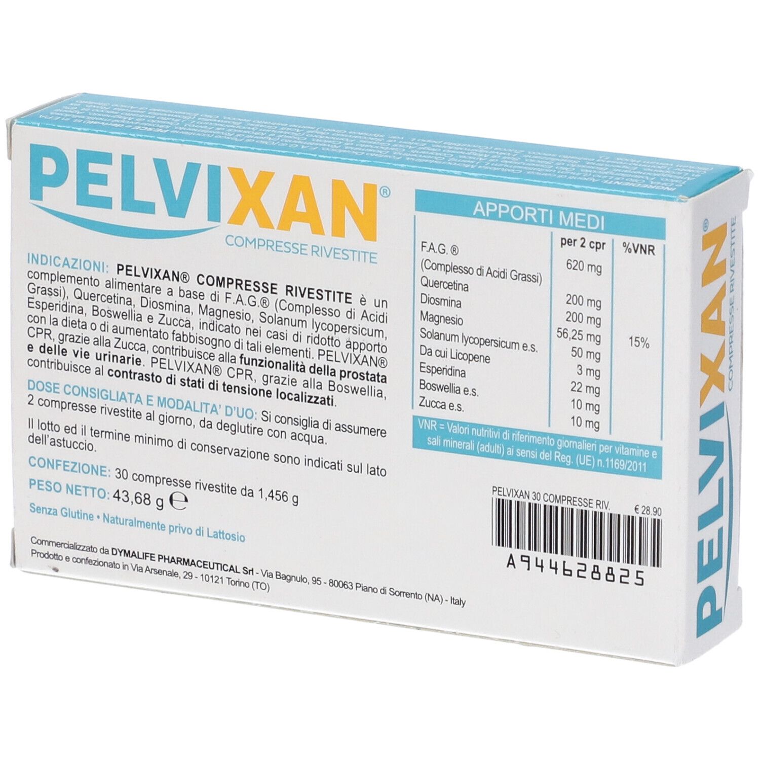 Retro della scatola di compresse Pelvixan. Informazioni su ingredienti e dosaggio. Peso netto: 43,68 g.