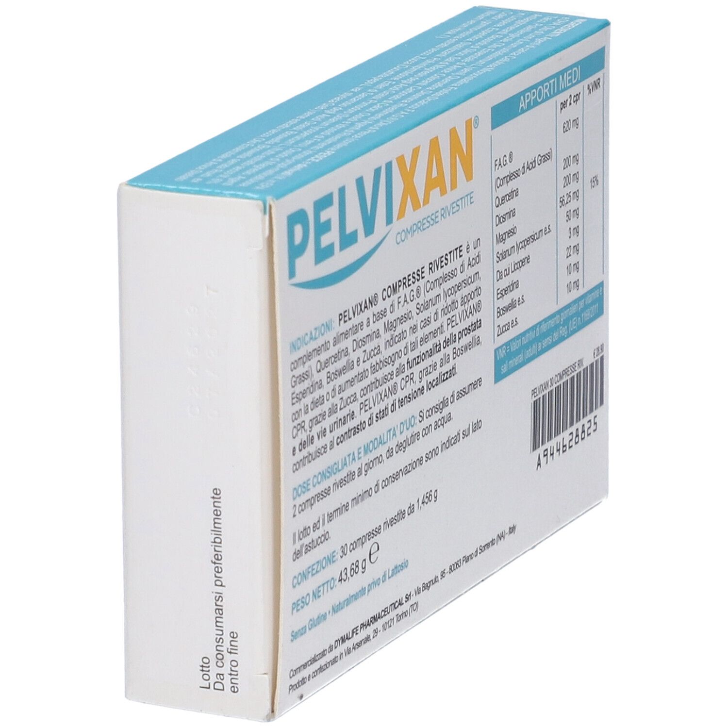 Vista laterale della scatola di compresse Pelvixan. Informazioni su ingredienti e dosaggio. Peso netto: 43,68 g.