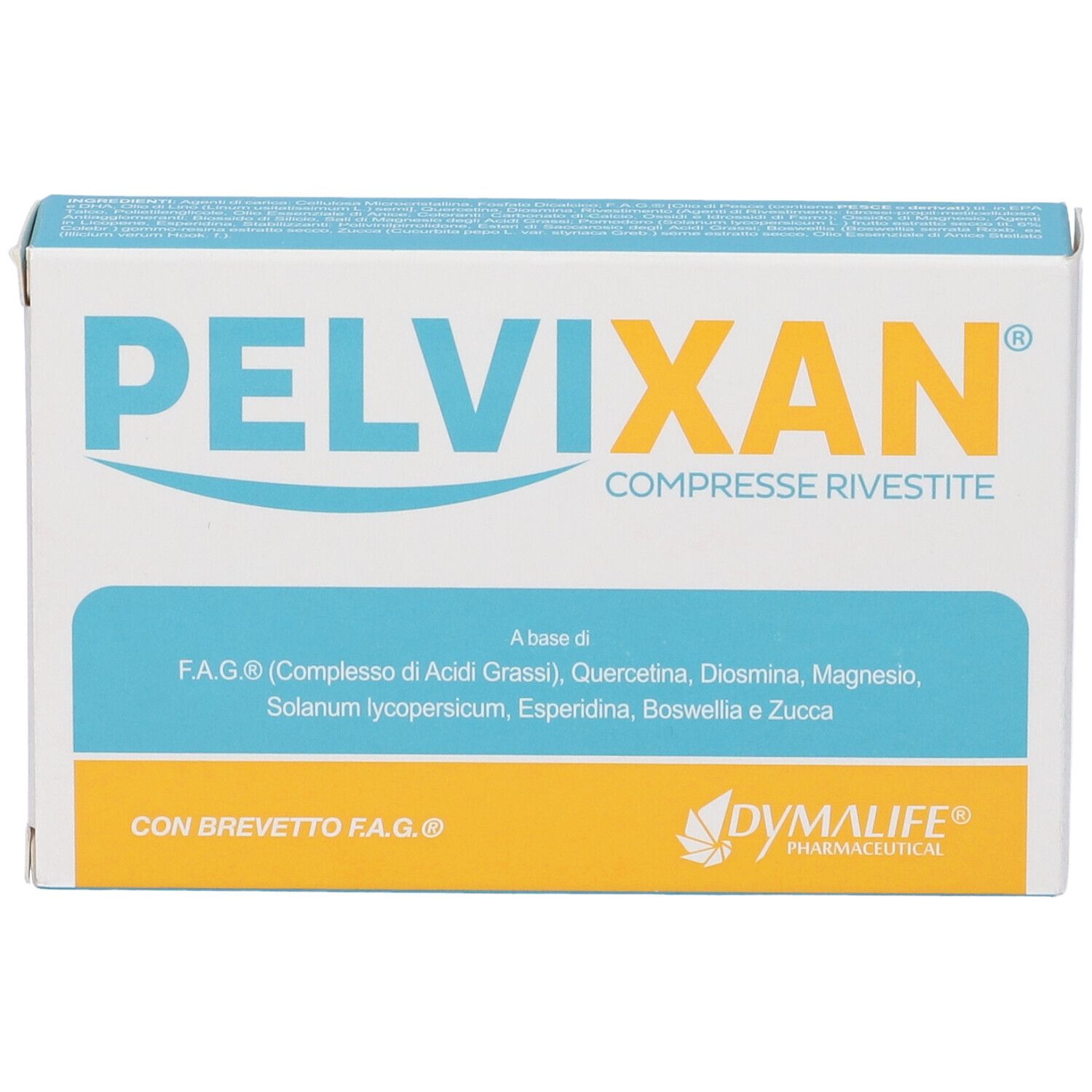 Scatola di compresse Pelvixan. Scritto: Pelvixan, Compresse Rivestite. Contiene quercetina e diosmina.