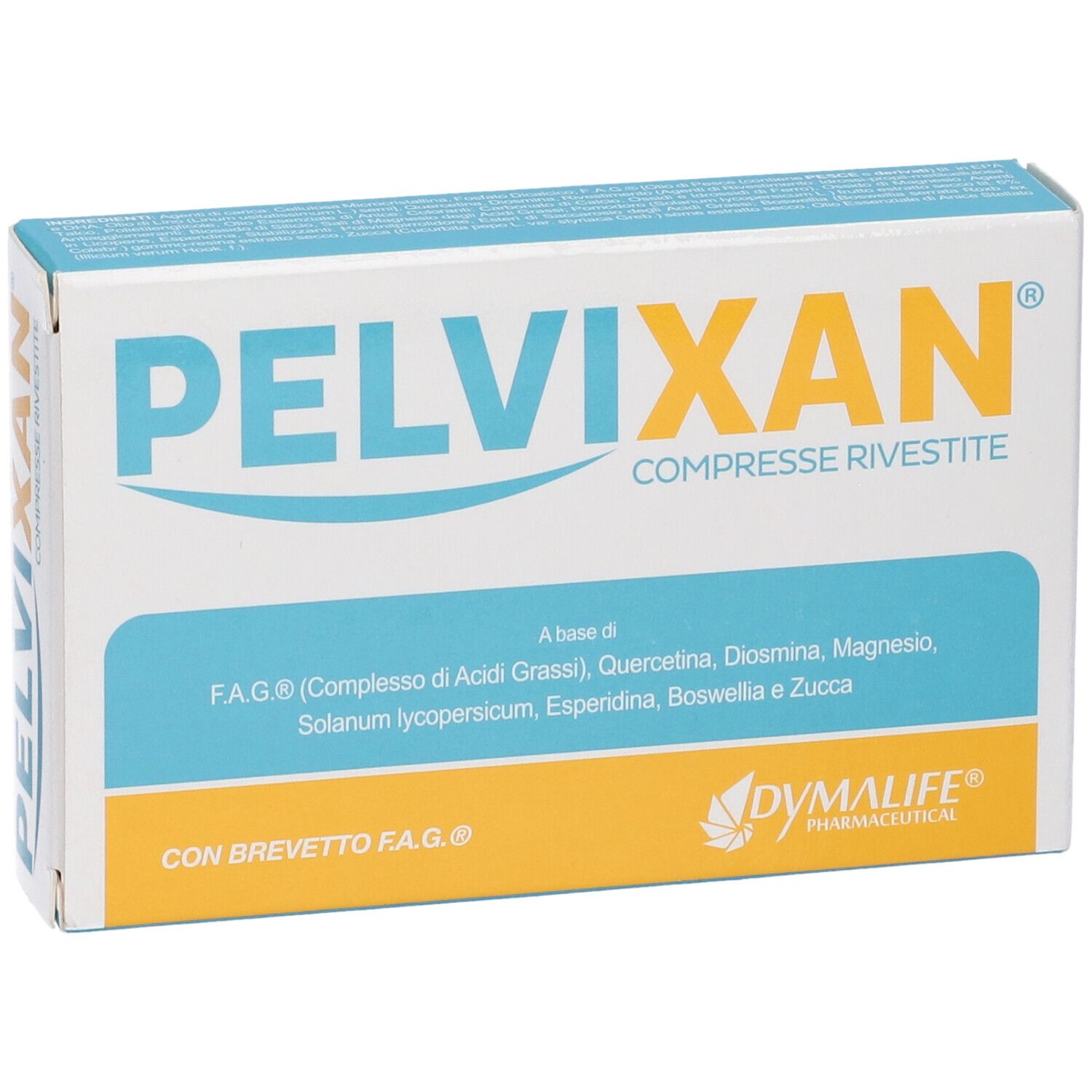 Scatola di compresse Pelvixan. Scritto: Pelvixan, Compresse Rivestite. Contiene quercetina e diosmina.