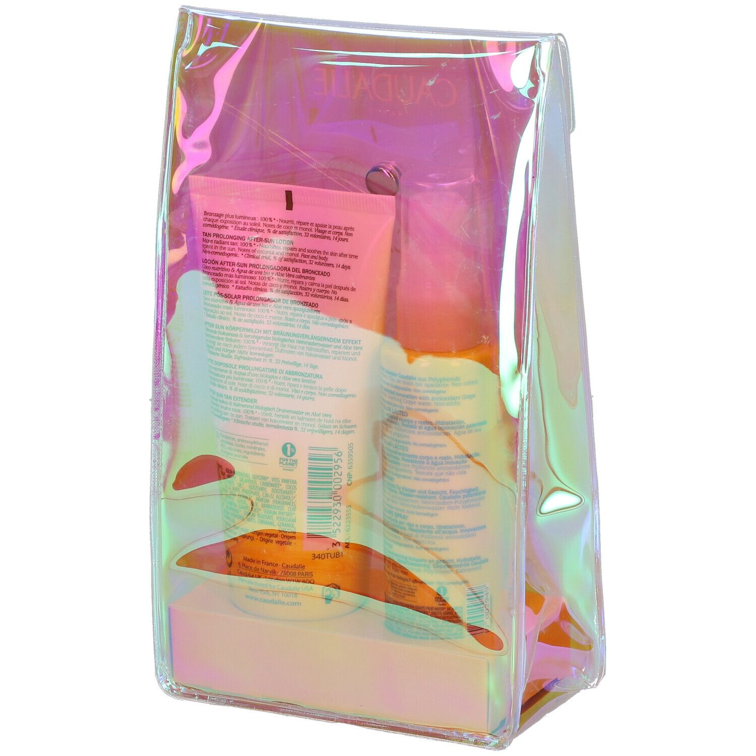 Set Estivo in sacchetto trasparente. Contiene due flaconi e un tubetto. Retro dei prodotti visibili.