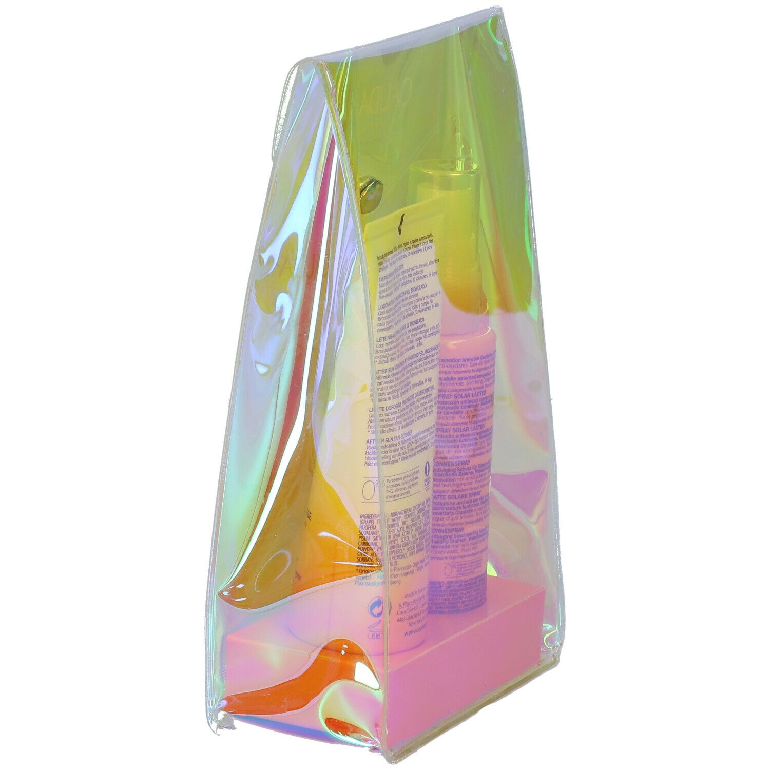 Set Estivo in sacchetto trasparente. Contiene due flaconi e un tubetto. Vista laterale, retro dei prodotti visibili.